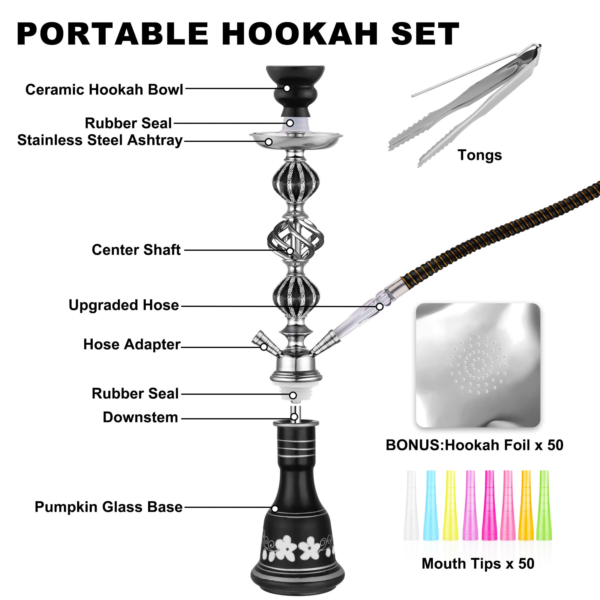 21'' Hookah Set 2 Hose Hookah Set With Everything Include 50 Hookah Foil, 50 Disposable Hookah Tips (Black)