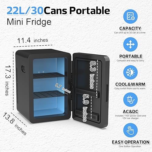 Miniatura 5 de advwin Mini refrigerador de 22L para dormitorio, 30 latas, refrigeradores compactos portátiles con alimentación CACC para el cuidado de la piel,