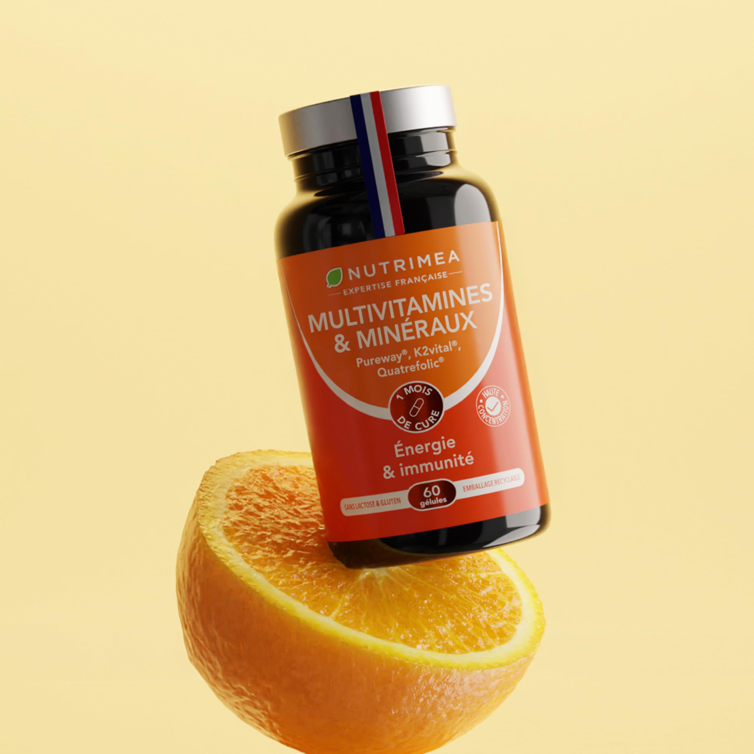 Multivitamines et Minéraux – 26 Nutriments - Vitamines A, B, C, D, E, K + Fer, Chrome, Magnésium & Zinc + Choline, Lutéine & Ginseng - Energie, Vitalité, Puissance - Fabrication Française - Nutrimea