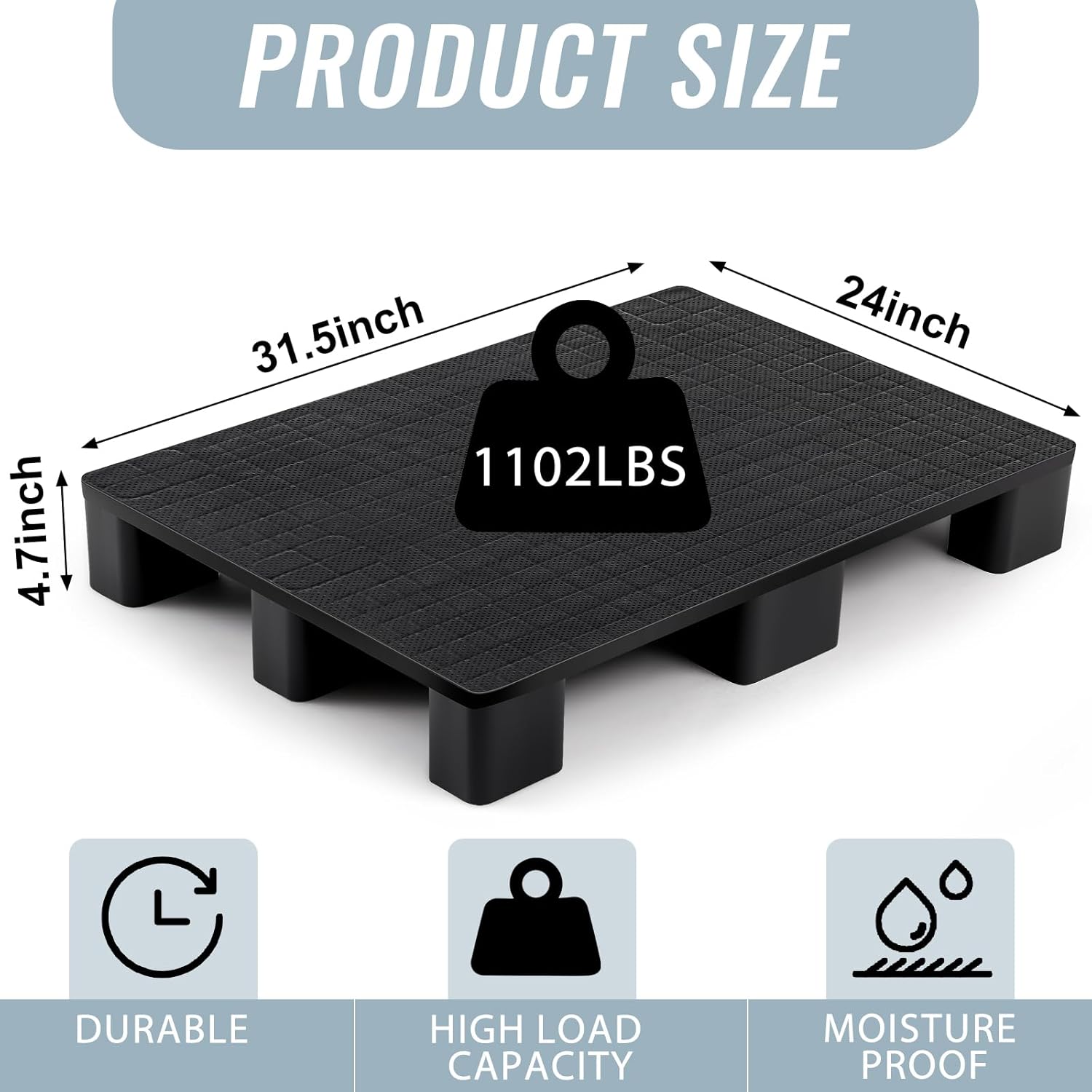 4 Pcs Plastic Pallet for Basement Storage Easy Stack Lightweight Floor Pallet Display Flooring Room Supermarket Christmas, Support up to 2000 Lbs (31.5'' L X 24'' W X 4.7'' H,Black)