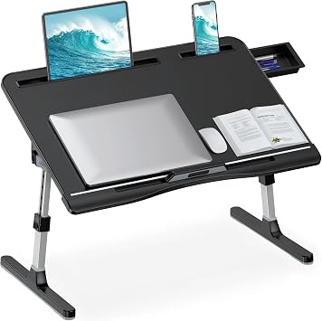 HETTHI Laptop Stand for Bed, Adjustable Leather Bed Desk with Foldable Legs, X-Large Laptop Bed Table Tray with Drawer for Bed Couch Floor Writing Working Reading Eating Painting (Black, 23.615.7)