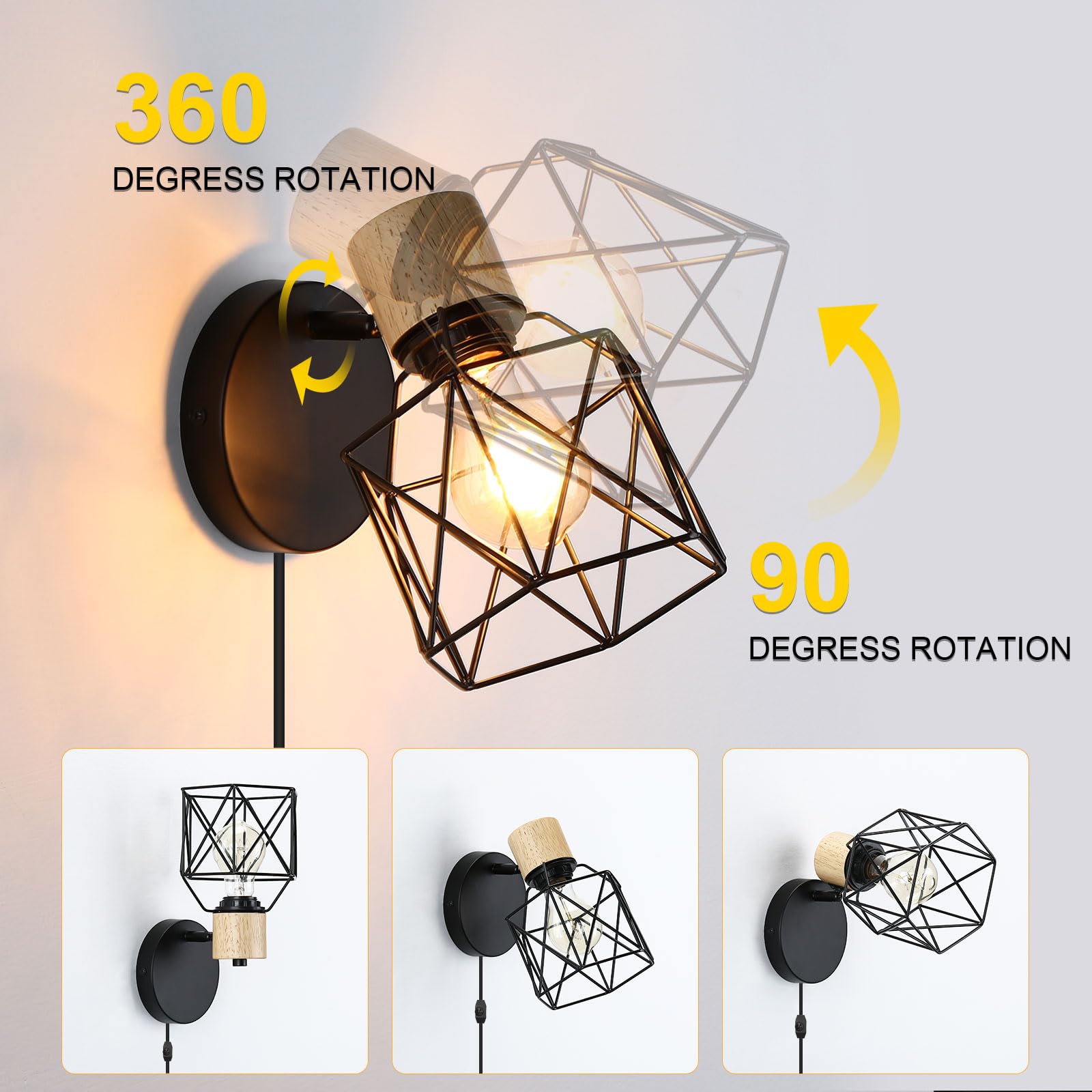 Industriële vintage wandlamp met kabel en schakelaar - E27 fitting