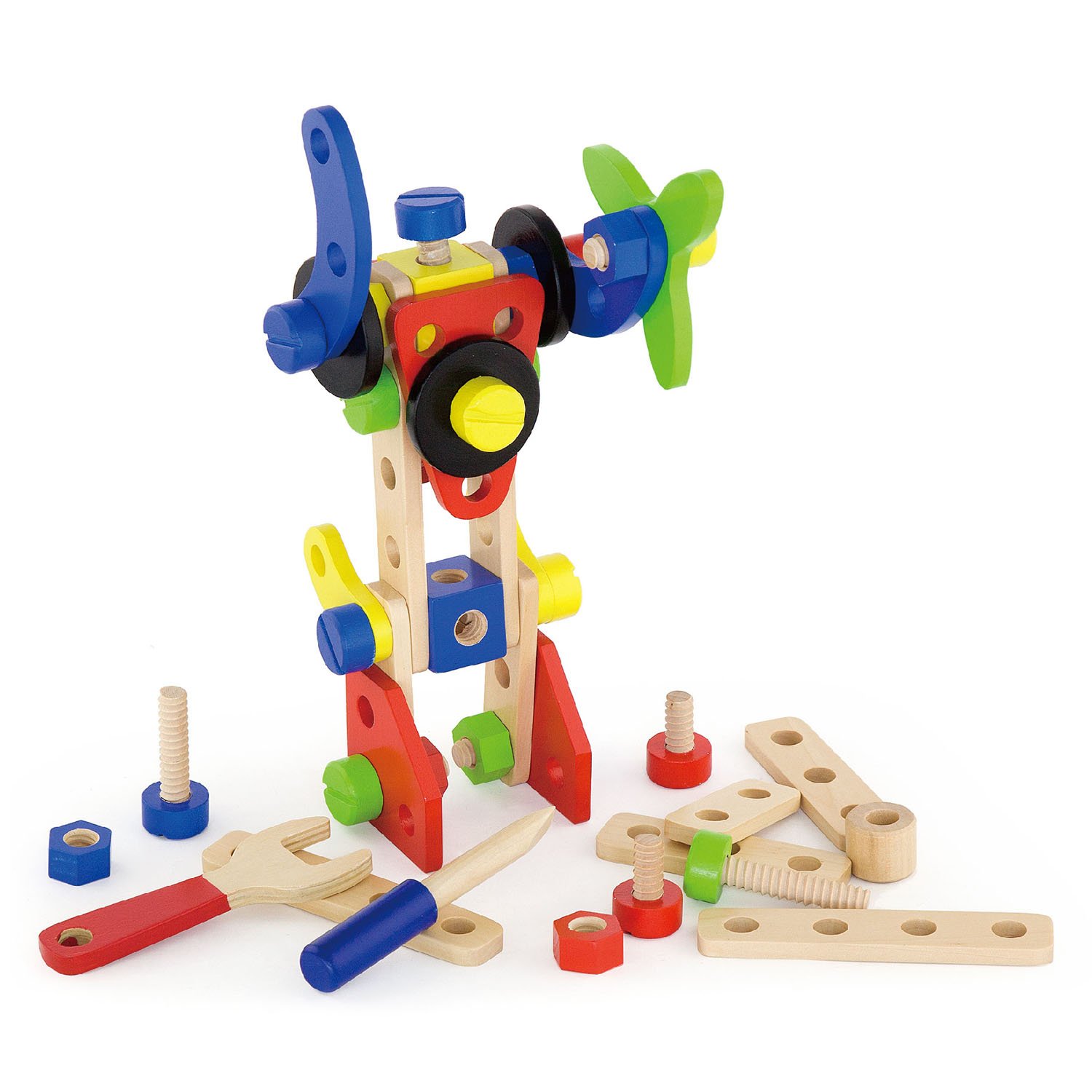 VIGA Wooden 68 Piece Model Construction Tub Set - Childrens Wood Building Toy 50382
