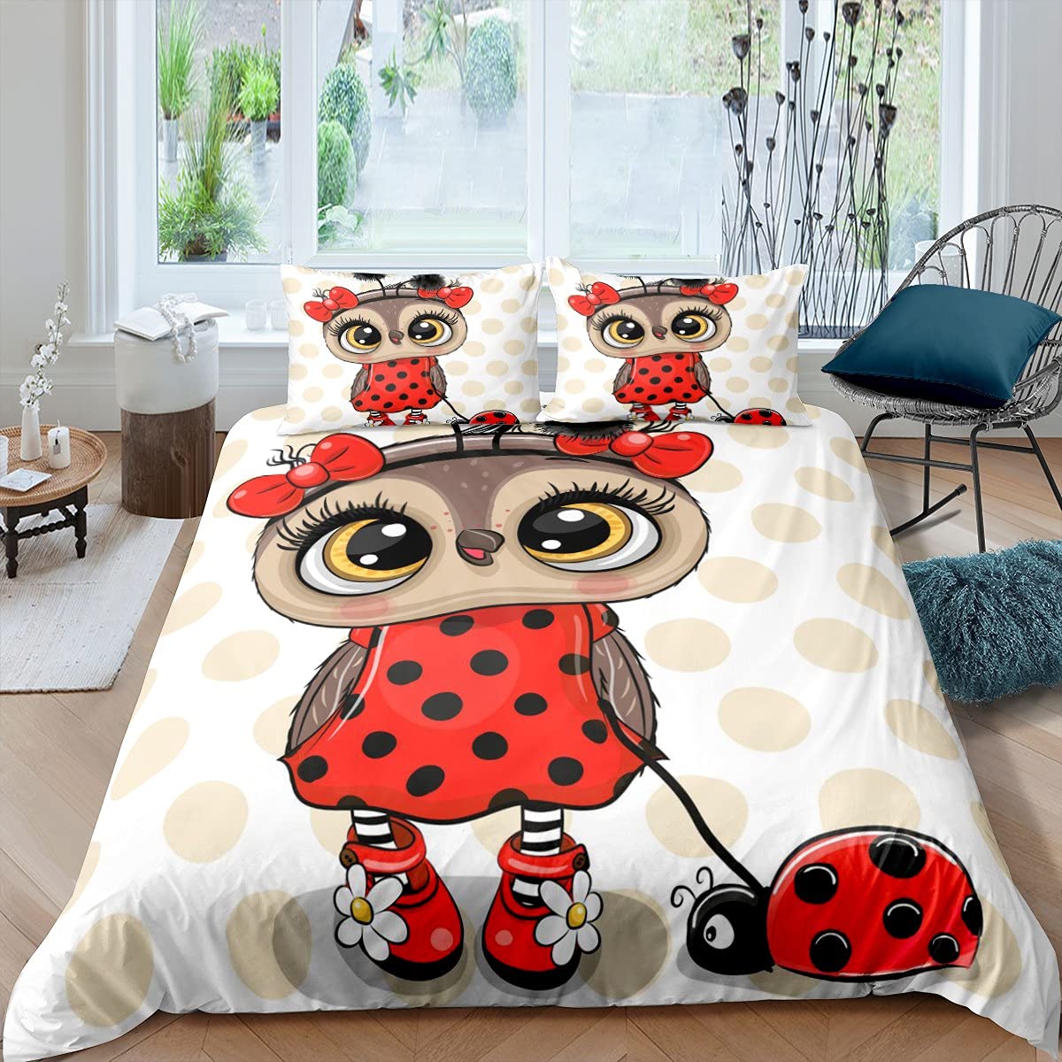richhome Owl Kids Girls Duvet Cover Single Size, Cartoon Owl Bird with Big Eyes Bedding Set 2pcs for Kids Teens, Comforter Cover Soft Quilt Cover Bedroom Decor Bedspread,Red White โ image 1