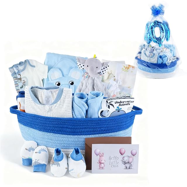22-Pcs Baby Boy Gift Basket Set Blue 0-12M Newborn Premium Baby Shower Gifts for Boys Newborn Essentials Set