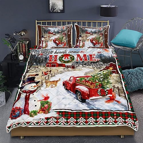 Miniatura 5 de Juego de edredón con funda de almohada, juego de ropa de cama de Navidad con diseño de camión rojo, todos los corazones vienen a casa por Navidad,