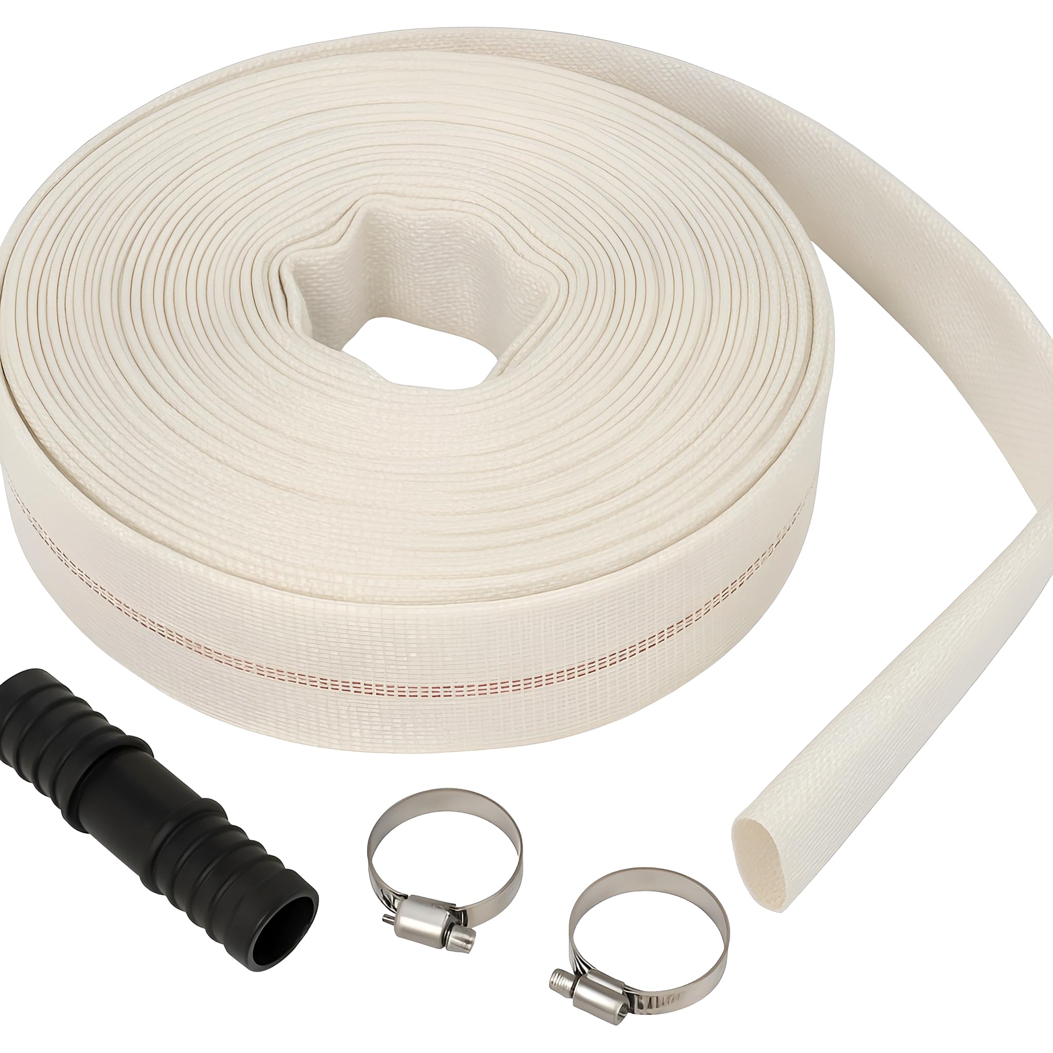 Lay Flat Hose Set 25 mm / 1 inch x 20 m with Repair Joiner and 2 Clips - 8 Bar Working Pressure, 24 Bar Burst Pressure - Flexible Roll Flat Water Discharge Hose for Irrigation, Agriculture, Industry