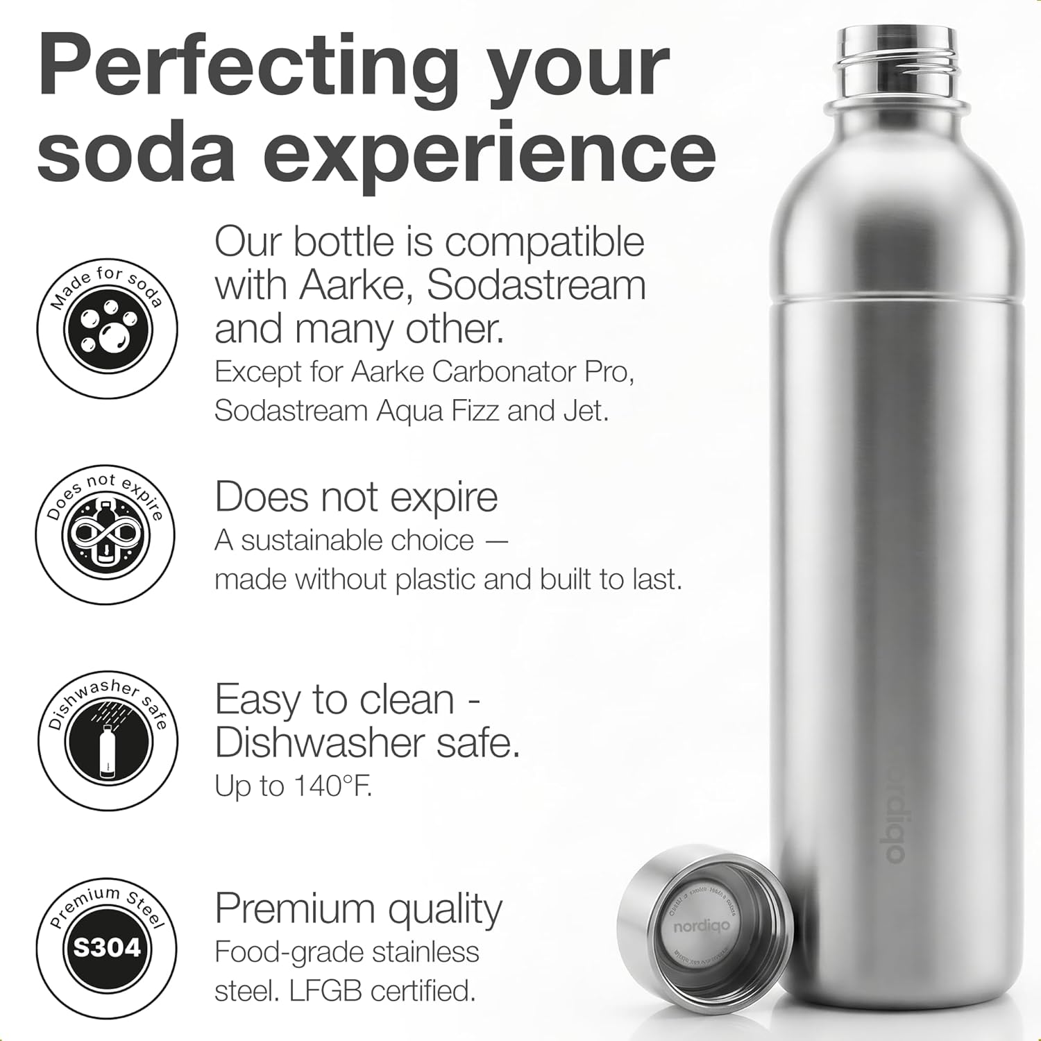 Stainless Steel Carbonating Bottle 33 oz | Compatible with Aarke Carbonator 3, SodaStream Duo & Plastic Bottles | Not for models Aqua Fizz & Jet | No Expiry | Plastic-Free - Image 2