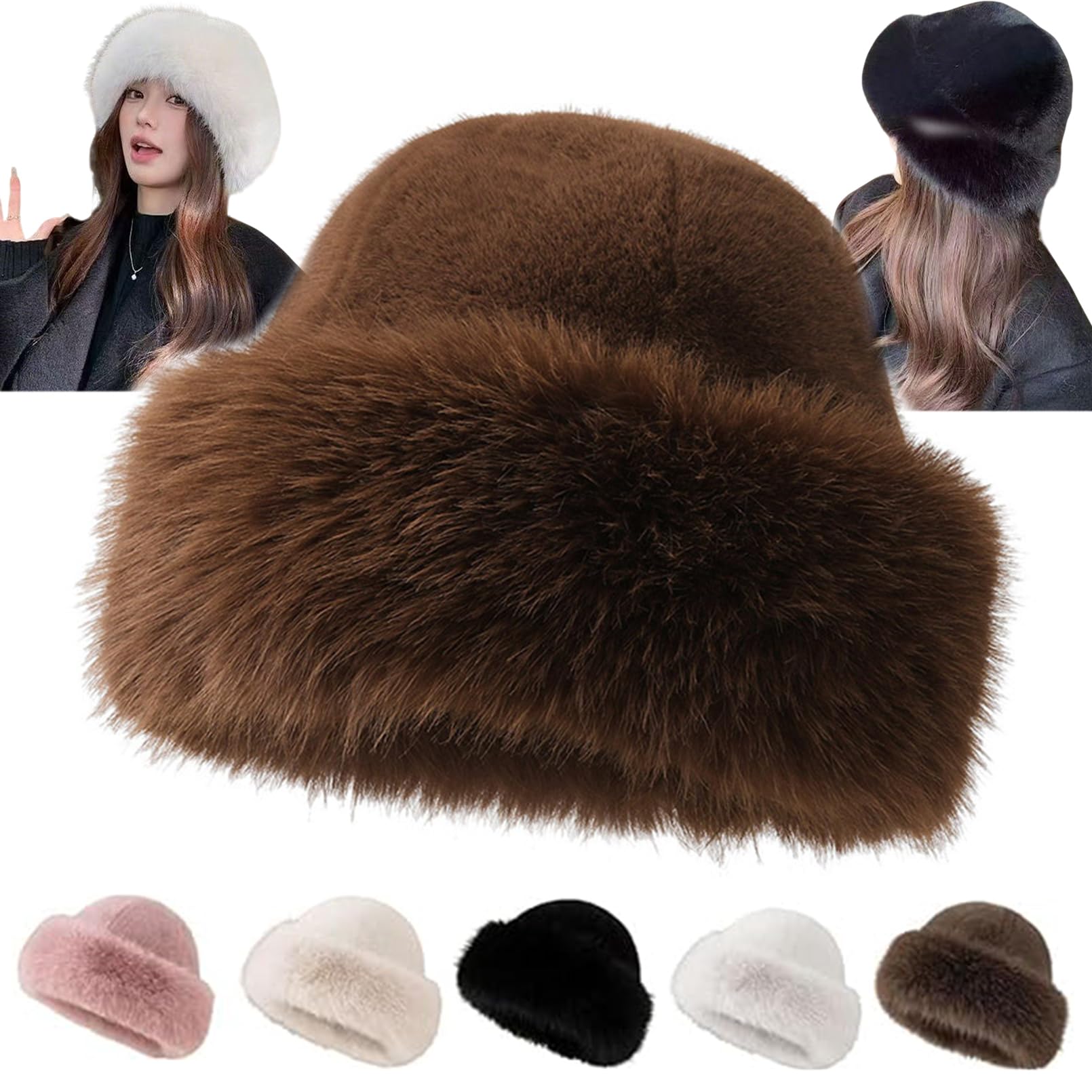 Bpoeee Fuzzy Bucket Hat for Women – Stylish Faux Fur Bucket Hat, Perfect for Cold Weather, Winter Fashion, and Outdoor Wear (Brown)