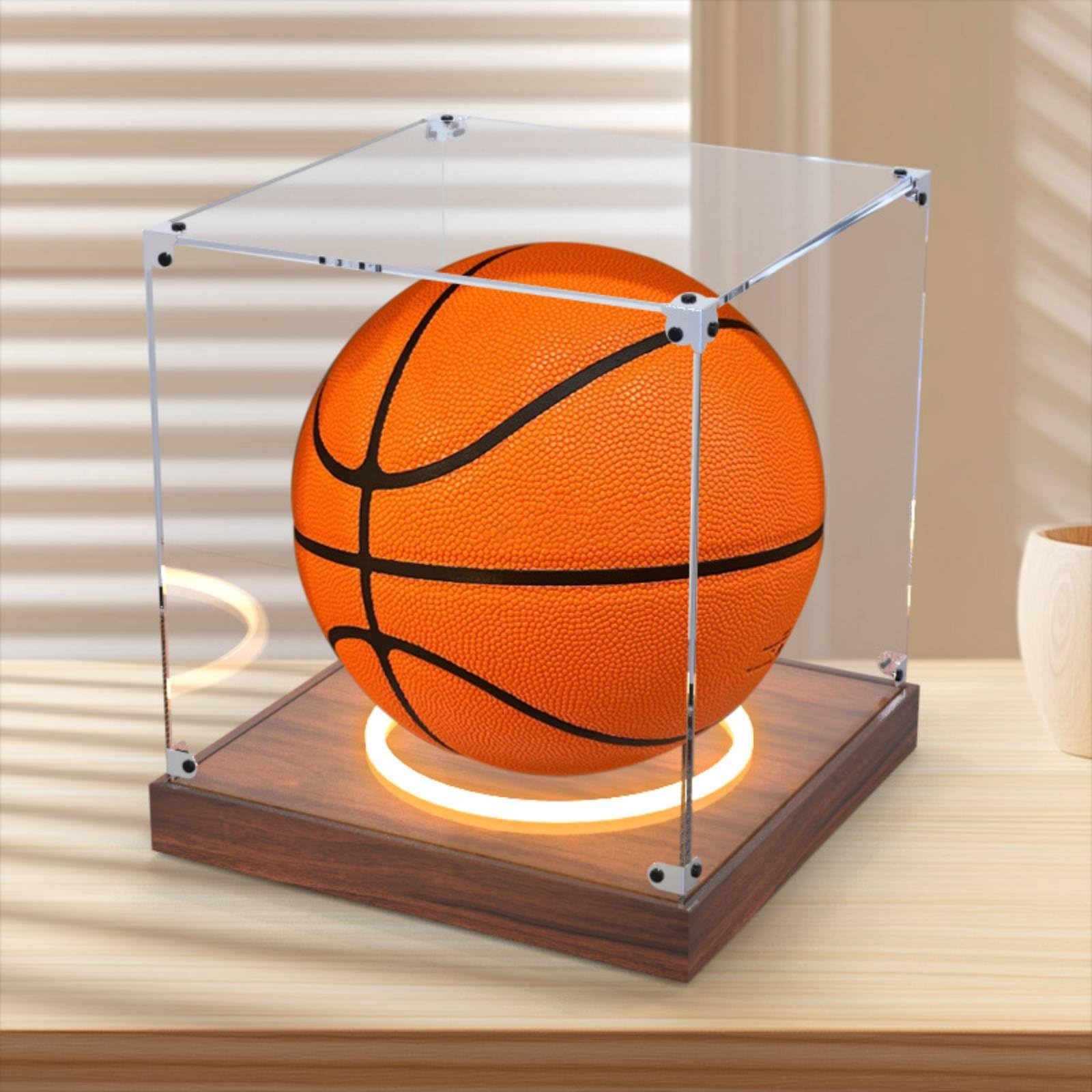 Acrílico Expositor de Balones con Exposición Panorámica Luz LED Incluida Base Antideslizante Protección Contra Impurezas Adecuado para Decoración de Oficinas Deportivas Hogares , 25x25x25cm
