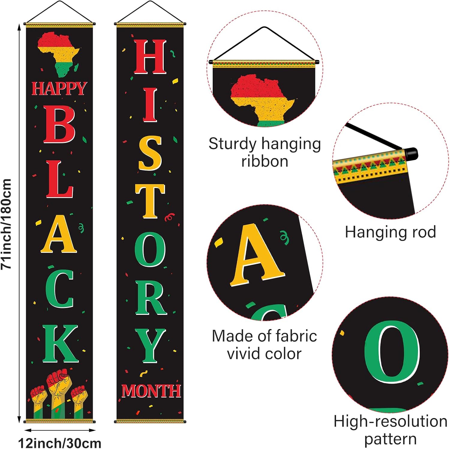Happy Black History Month Door Banner, African American February Festival Holiday Hanging Porch Sign Banner for Black History Month Front Door Sign Wall Hanging Decorations 71 x 12 Inch