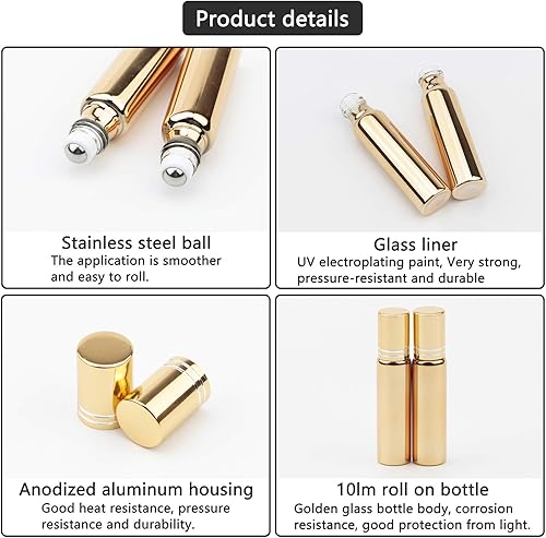 Miniatura 6 de Botellas enrollables para aceites esenciales  Paquete de 6 botellas de oro de vidrio vacías recargables de 0.3 fl oz con bola de rodillo de acero