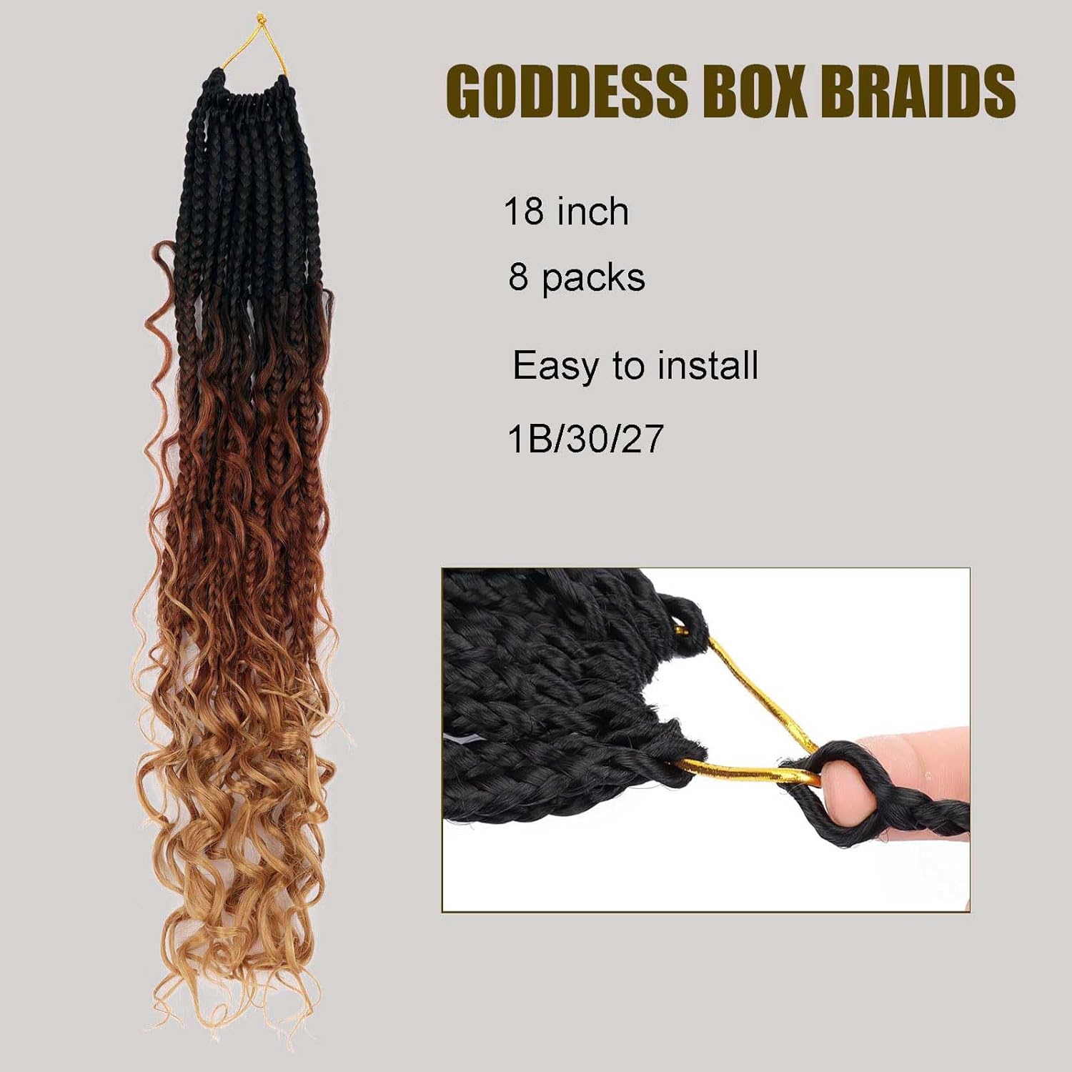 Bohemian Box Braids Crochet Hair - 18 inch Goddess Box Braids Crochet Hair Curly Ends 8 Packs Boho Braids Crochet Hair for Black Women Crochet Box Braids Pre-looped Synthetic Hair Extensions 1B/30/27