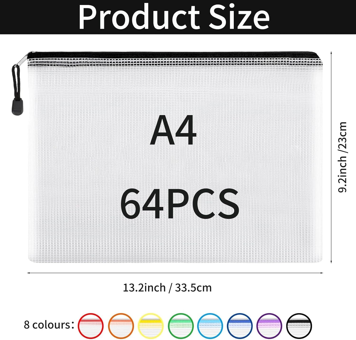 64pcs Mesh Zipper Pouch Bags, 8 Colors Reusable A4 Zipper Bags for Organizing Storage, Waterproof Zipper Pouches, Letter Size, Zipper File Bags for Office Supplies, School, Toys,Puzzle
