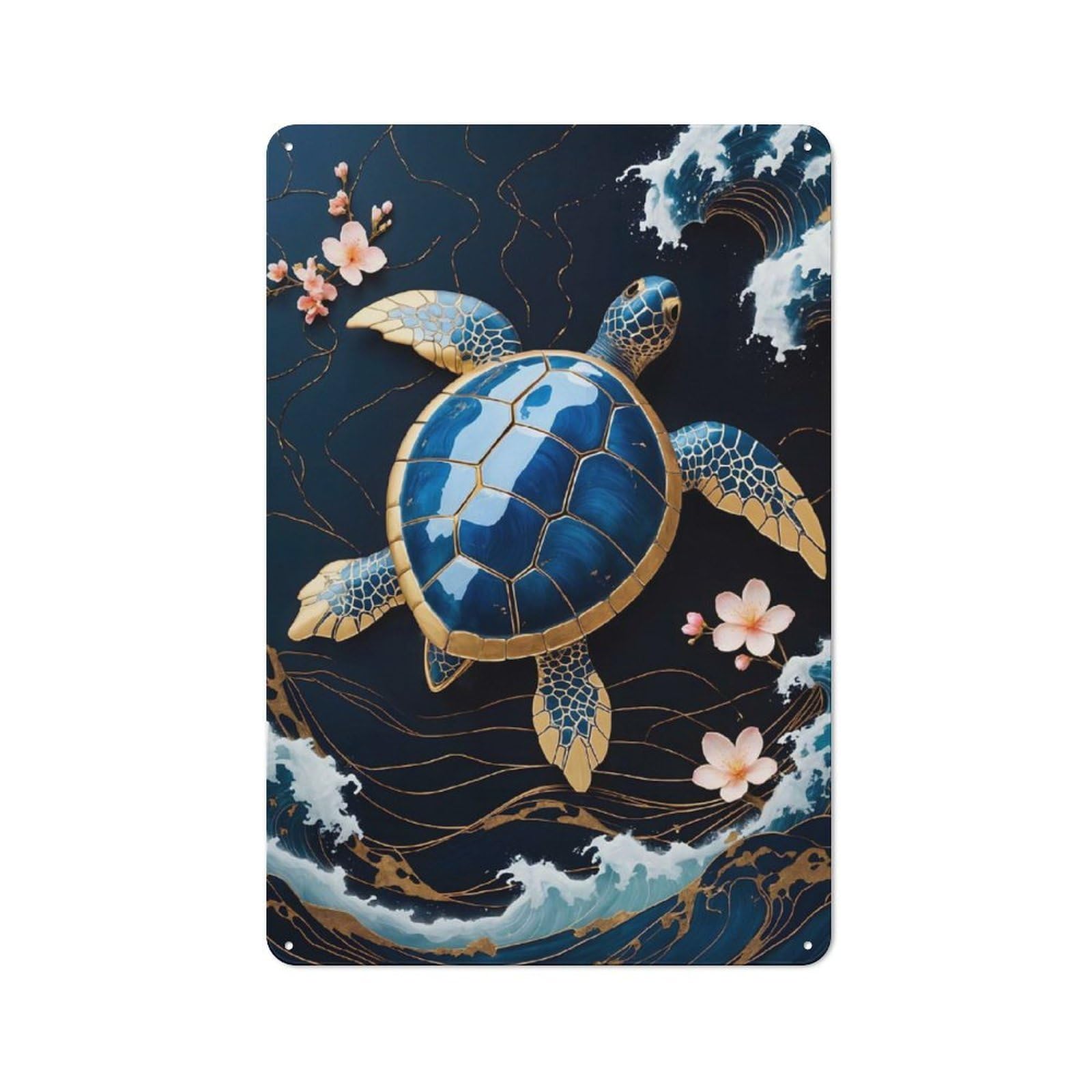Junmoney Turtle Gold Kintsugi Art Tin Wall Plaque 30X20cm With For Living Room Or Hallway, For Garage, Workshop And Man Cave Decoration