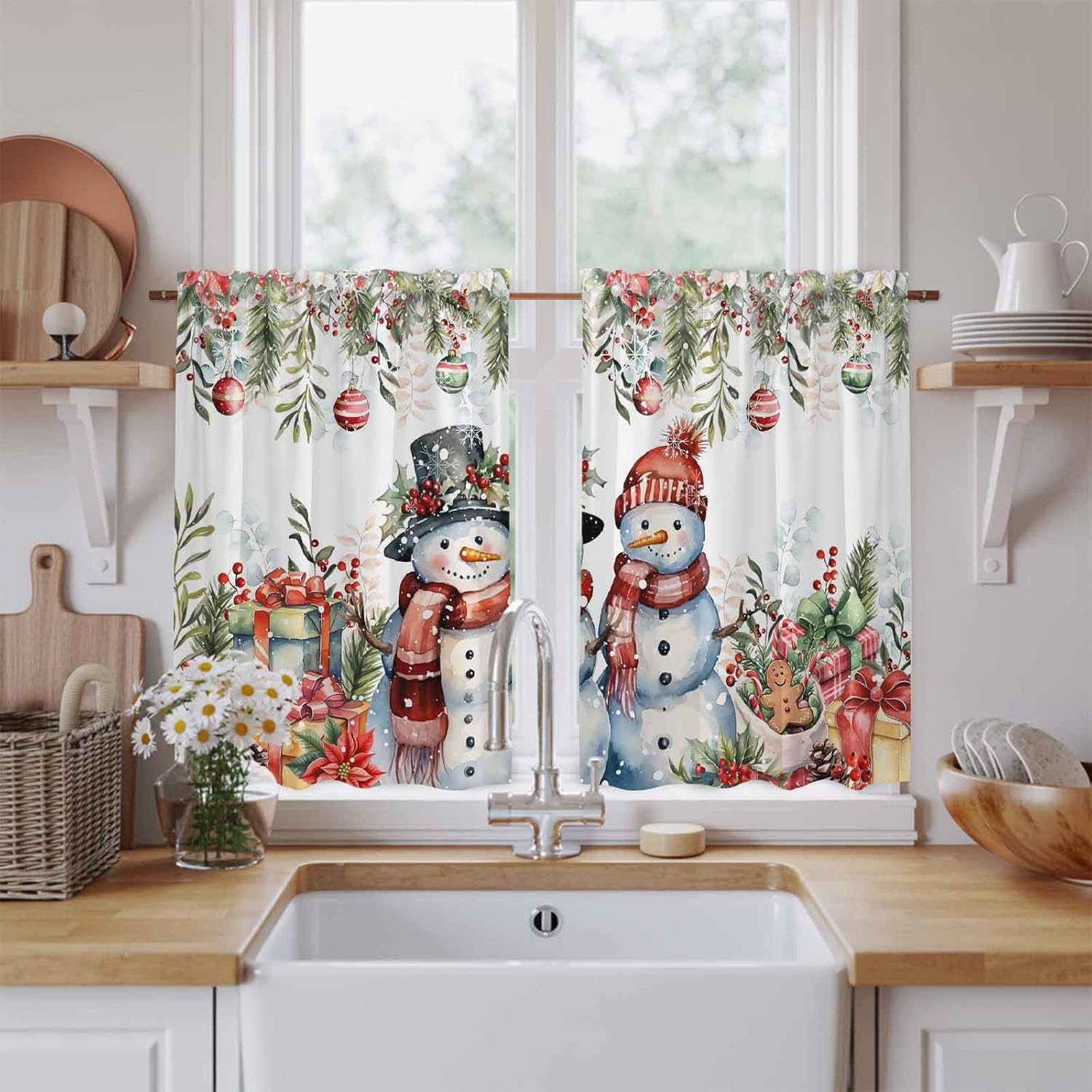 Christmas Snowman Kitchen Tier Curtains 45 Inch Long 2 Panel Set,Rod Pocket Short Window Treatment,Xmas Balls Poinsettia Botanical Light Filtering Curtains & Drapes for Bathroom Basement 27.5"W x 45"L