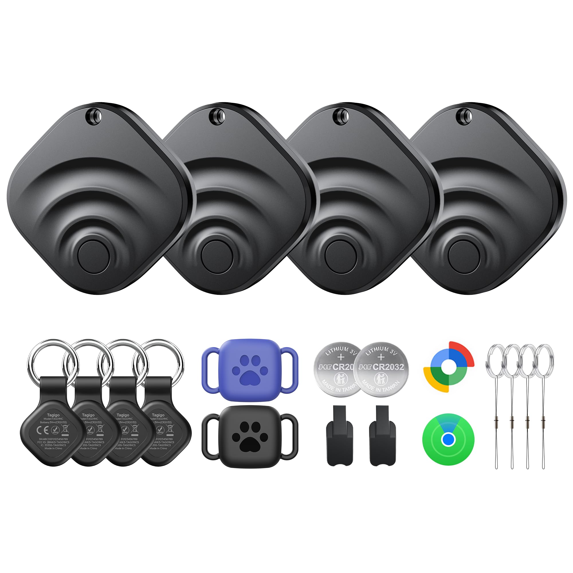 Air Tags pour Android, Air Tags-Lot de 4 étiquettes de suivi d'air avec 6 étuis, autonomie de 2 ans, traqueurs Google et Apple Find pour l'application Google Find Hub et Apple Find My, traqueur de