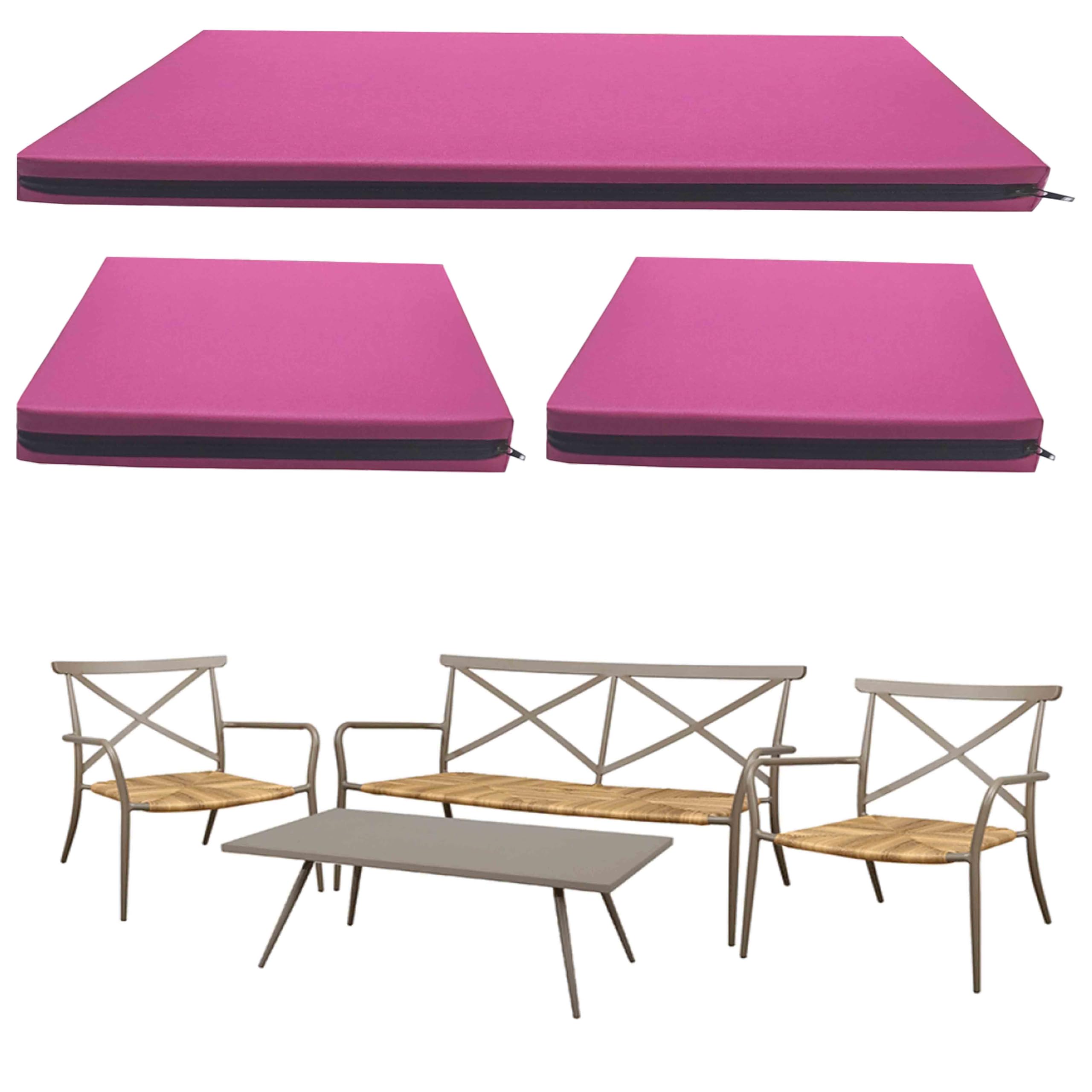 GRIZZLY FOAM Waterproof Replacement Cushion Set for Rattan Chairs 3pc Outdoor Indoor Garden Furniture Removeable Zipped Cover Ask Any Customize Size (Pink, 15x45x2inch 17x17x2inch)