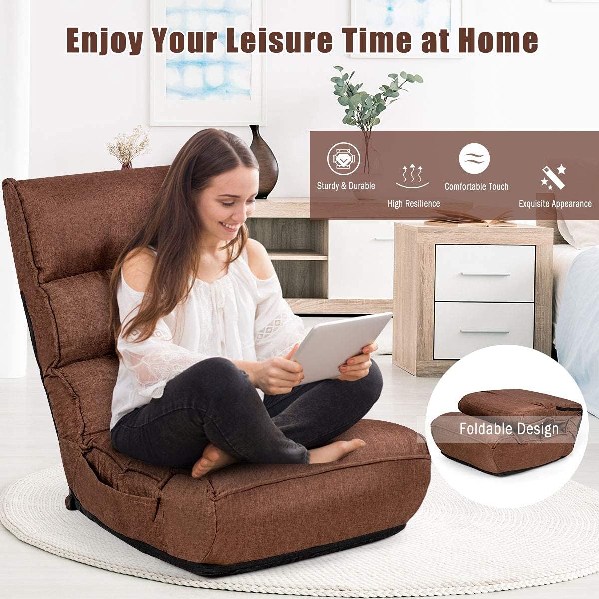 DORTALA Foldable Floor Chair for Adults, Memory Foam Floor Gaming Chair w/ 5-Position Adjustable Head and Back Support, Ergonomic Banana Chair for Bedroom, Living Room, Coffee