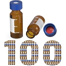 2mL Amber Autosampler Vials, HPLC & GC Sample Vials with Write-on Spot and Graduations, 9-425 Blue Polypropylene Screw Cap & Pre-Slit White PTFE Red Silicone Septa, 100 Pack
