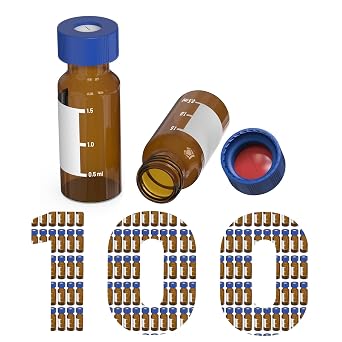 2mL Amber Autosampler Vials, HPLC & GC Sample Vials, Borosilicate Glass Vial with Write-on Spot and Graduations, 9-425 Blue Polypropylene Screw Cap, Pre-Slit Red PTFE & White Silicone Septa, 100 Pcs