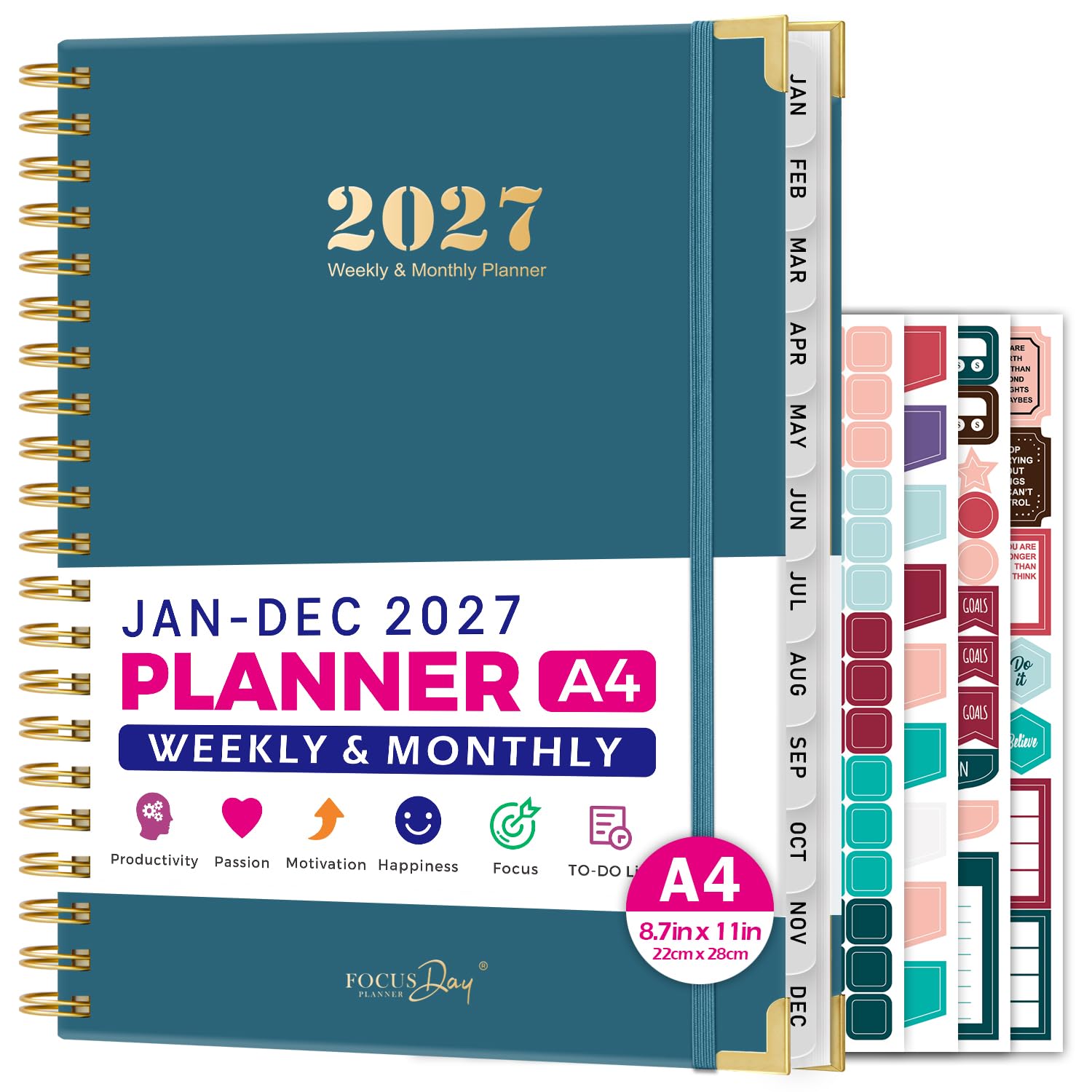 2027 Weekly Planner, Jan - Dec 2027, Diary Week to View, A4 (22 X 28 cm) Large Diary with 4 Planning Stickers, Monthly Tabs, Daily Appointment Notebook for Teachers Students, Blue