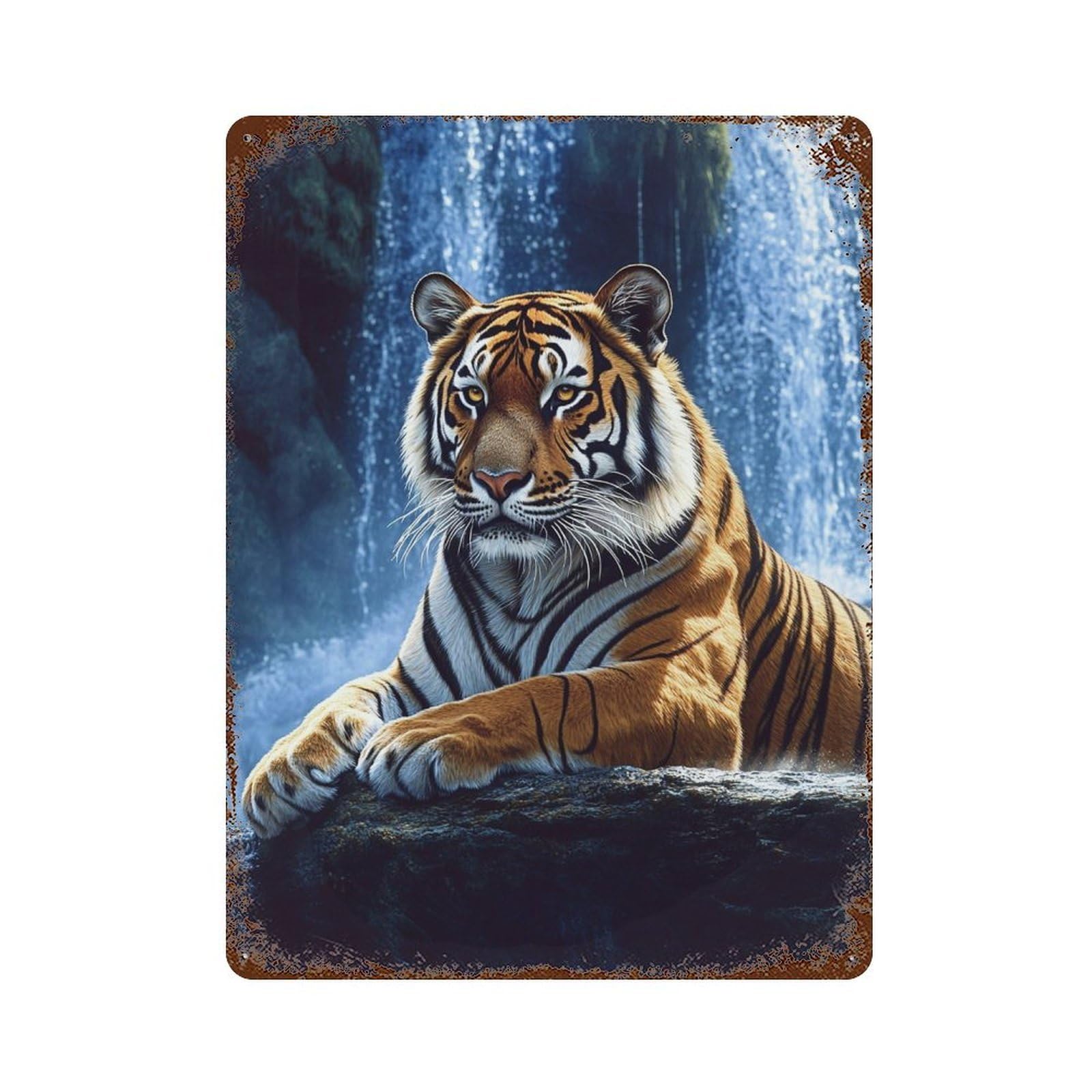 Tiger Waterfall Nature Scene Aged Metal Wall Plaque 15.7"x11.8", Classic Wall Plaque for Garage, Pub Or Kitchen