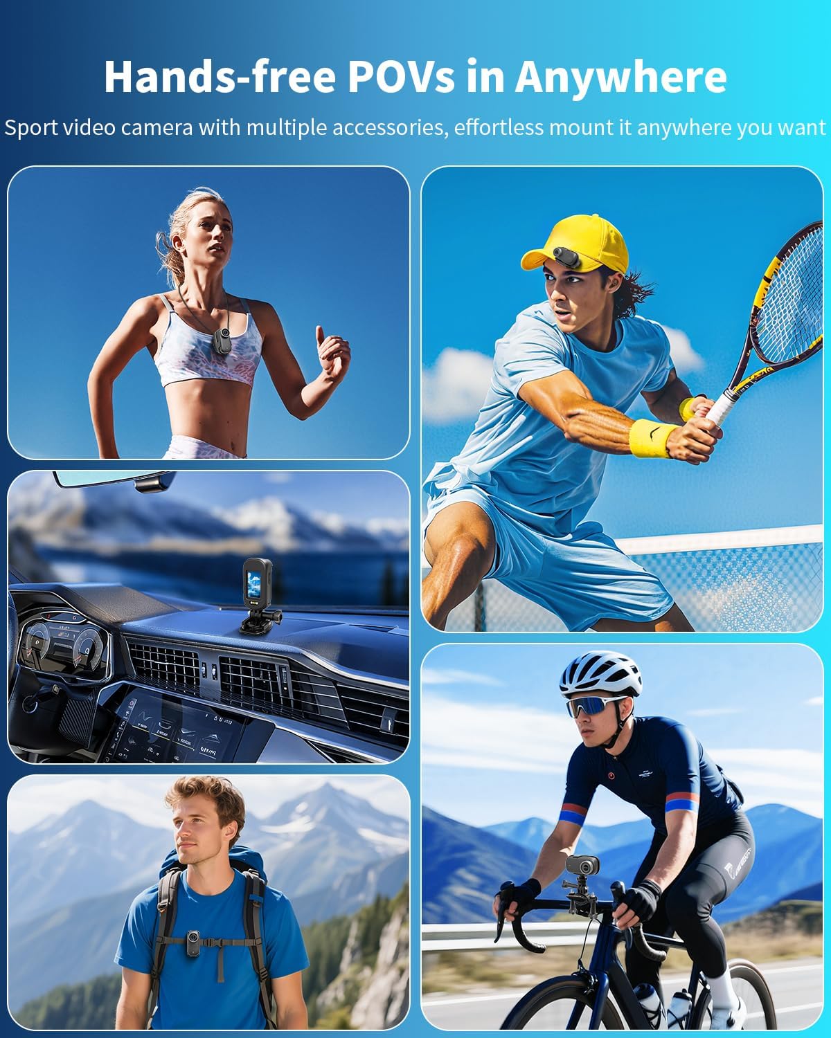 Various hands-free mounting options for Nisanuki AC11 action camera, including on a helmet, chest, car dashboard, and bicycle
