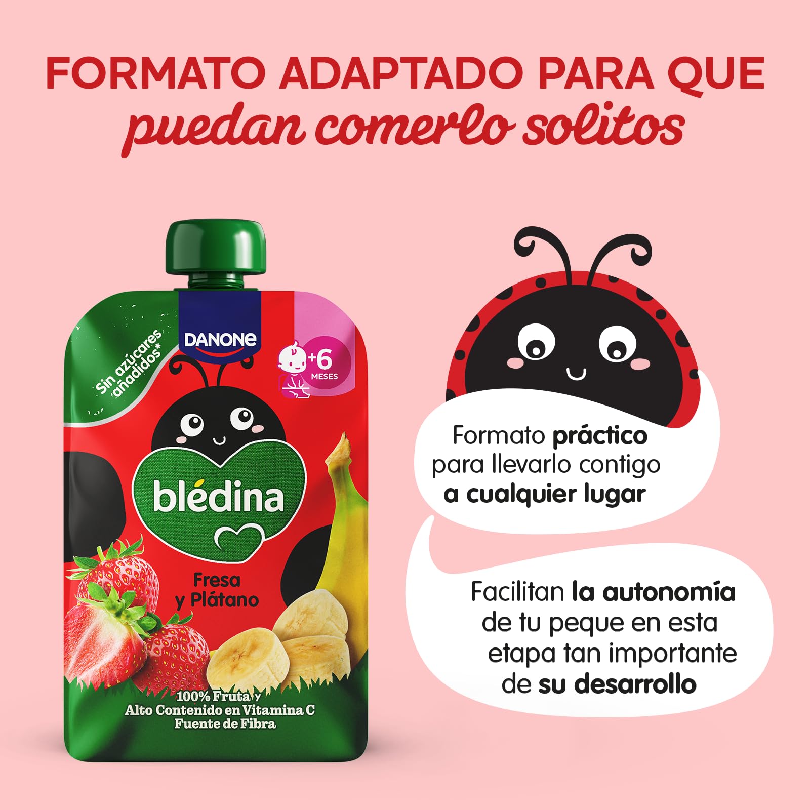 Blédina Bolsitas de Fresa y Platano para Bebé. Pouch 100% Fruta, Sin Azúcares Añadidos y Alto Contenido en Vitamina C, Fuente de Fibra. Desde los 6 Meses, Pack 6x100g