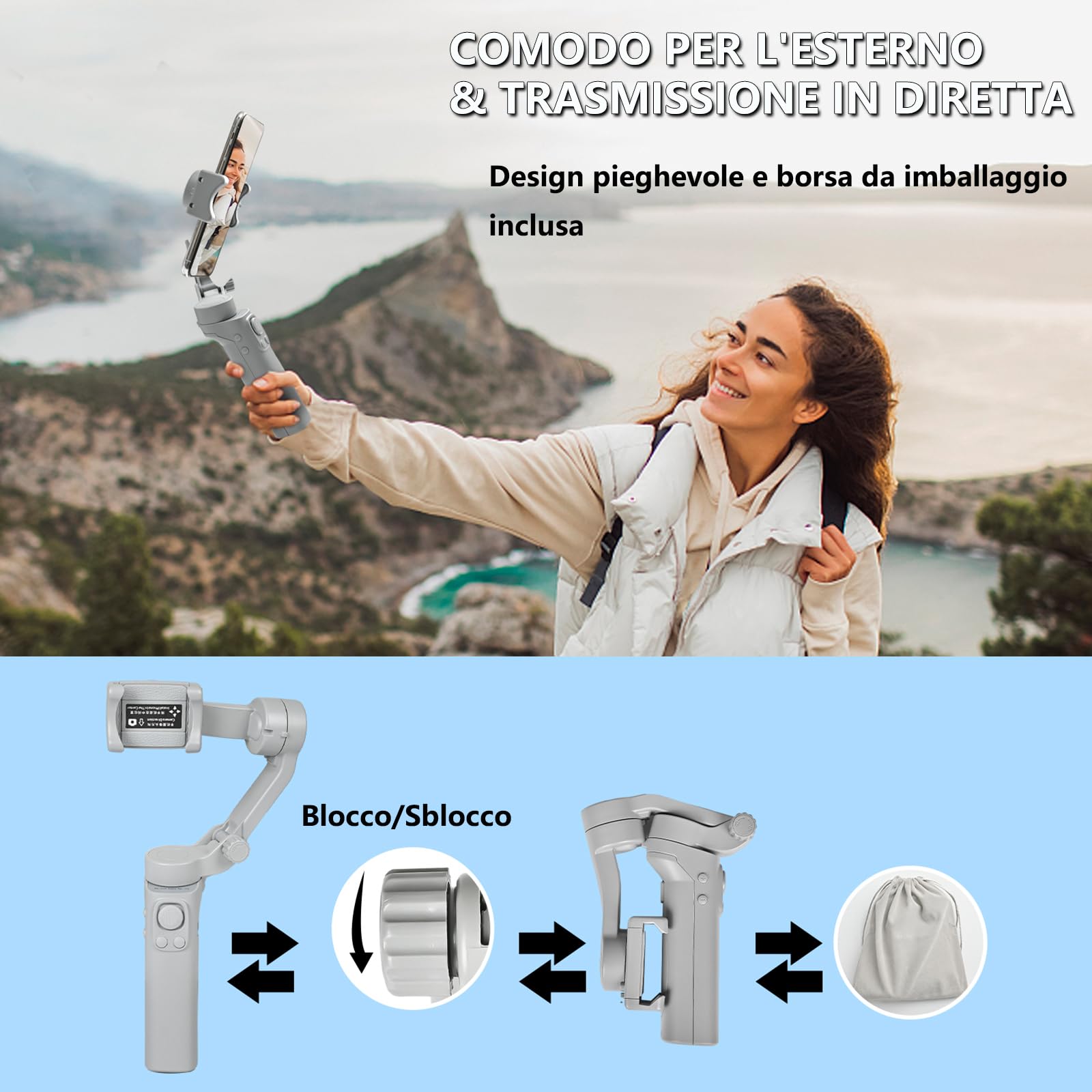 Stabilizzatore per smartphone, stabilizzatore a 3 assi per telefono, compatibile con iPhone e Android, monitoraggio AI, portatile e pieghevole, per Youtube, TikTok, Vlog, Live Stream