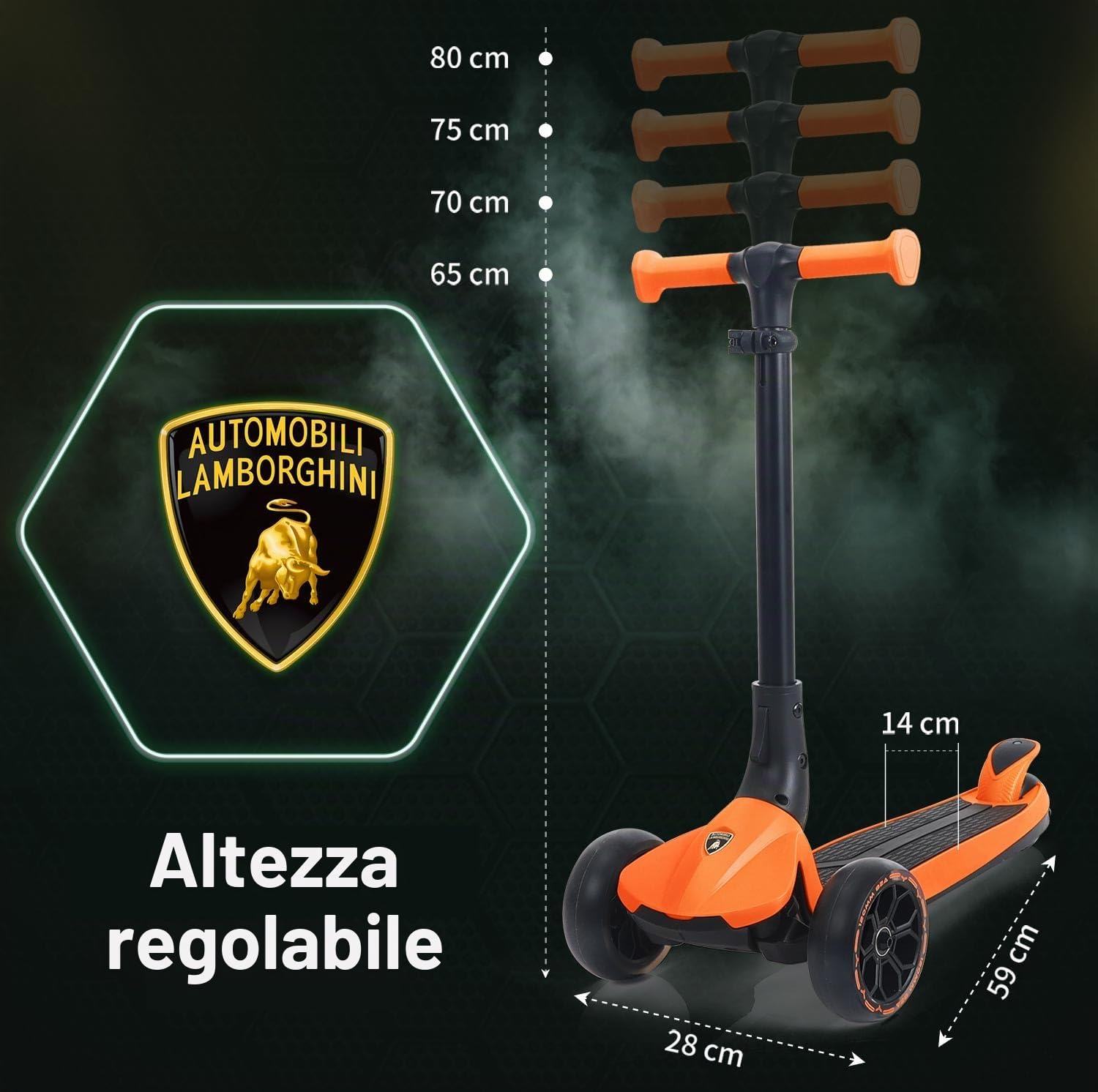 Lamborghini Monopattino Bambino da 3 a 8 anni, fino a 50 kg, con ruote a LED e pedale, altezza regolabile, monopattino pieghevole per bambini a partire dai 3 anni, monopattini per bambini