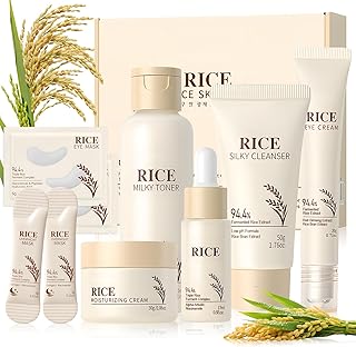 Riz Skincare Coréenne, Coffret soin Visage Femme, 11 Pièces Coffret Skincare, con Serum, Creme Visage, Rice Toner, Nettoyant Visage, Creme Yeux, Patch Yeux, Masques pour le Visage, Hydrate et Nourrit
