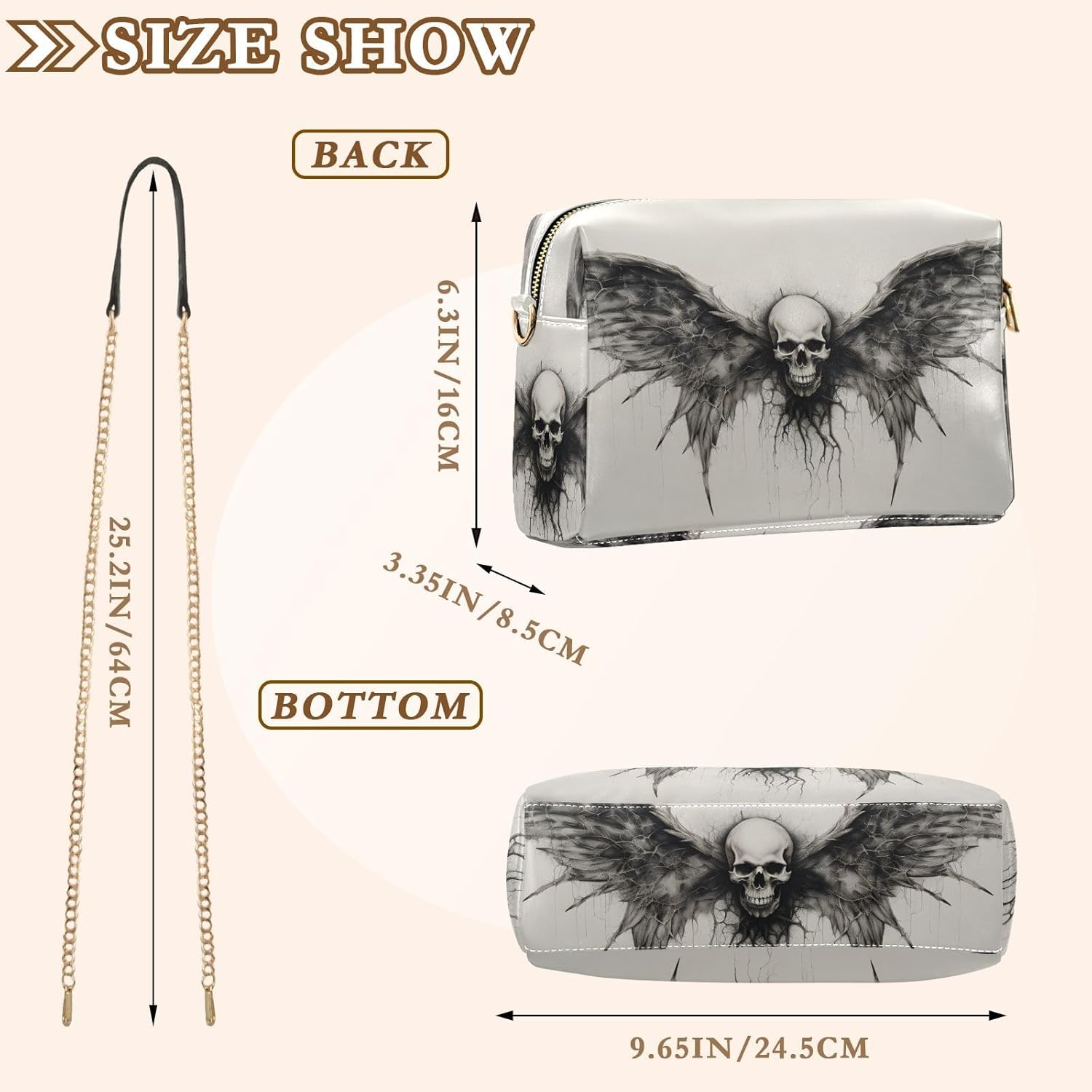 Women Crossbody Bag Shoulder Handbag Cellphone Purse Wings Skull Print, PU Leather Metal Chain Strap Water Resistant Zipper Closure