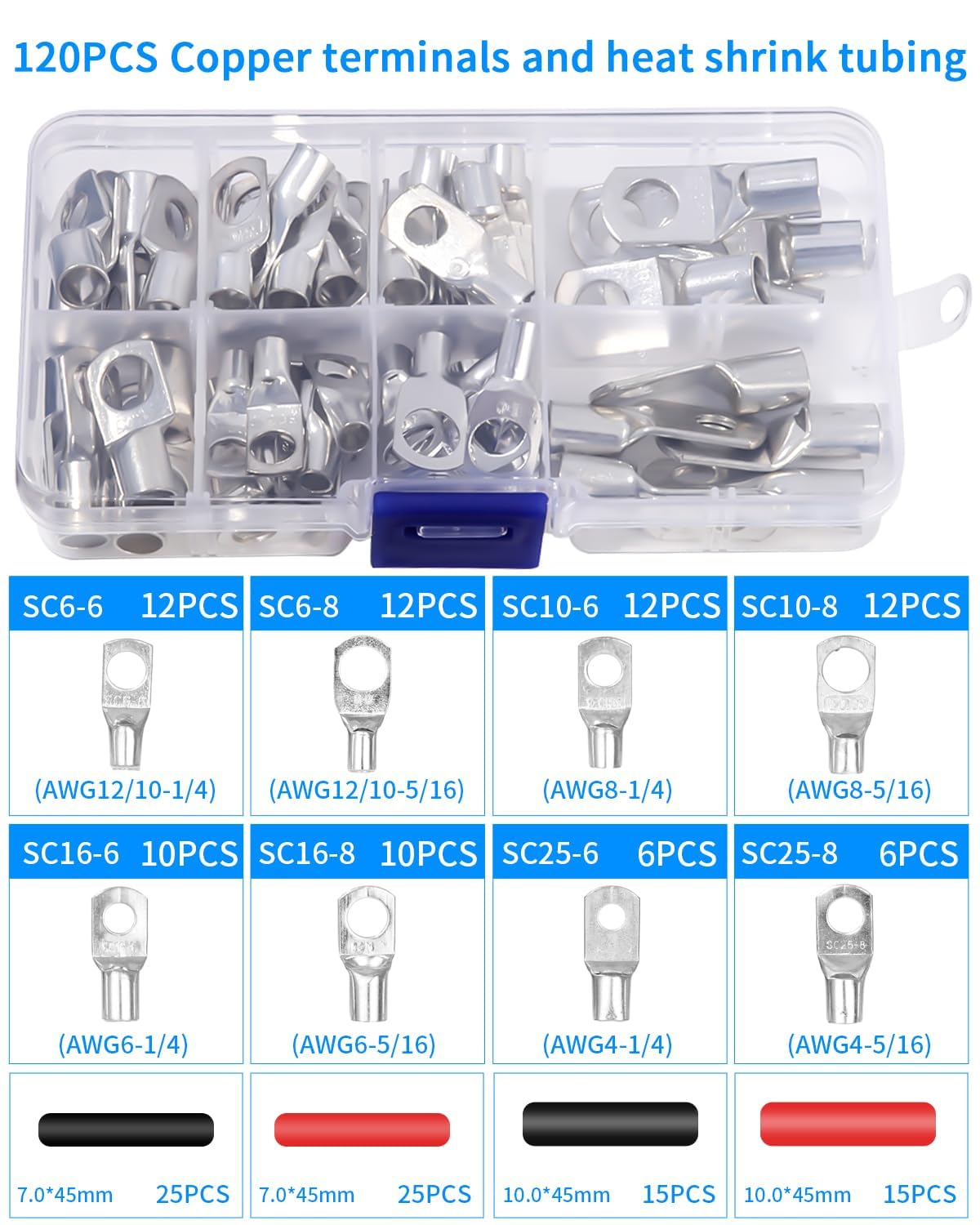 Pince a Sertir,AWG 10-0,6/10/16/25/35/50 mm² pince à sertir cosses avec Bornes à anneau en cuivre +60 PCS de gaine thermorétractable pince a sertir electrique multicouche Cliquet de sertissage pince
