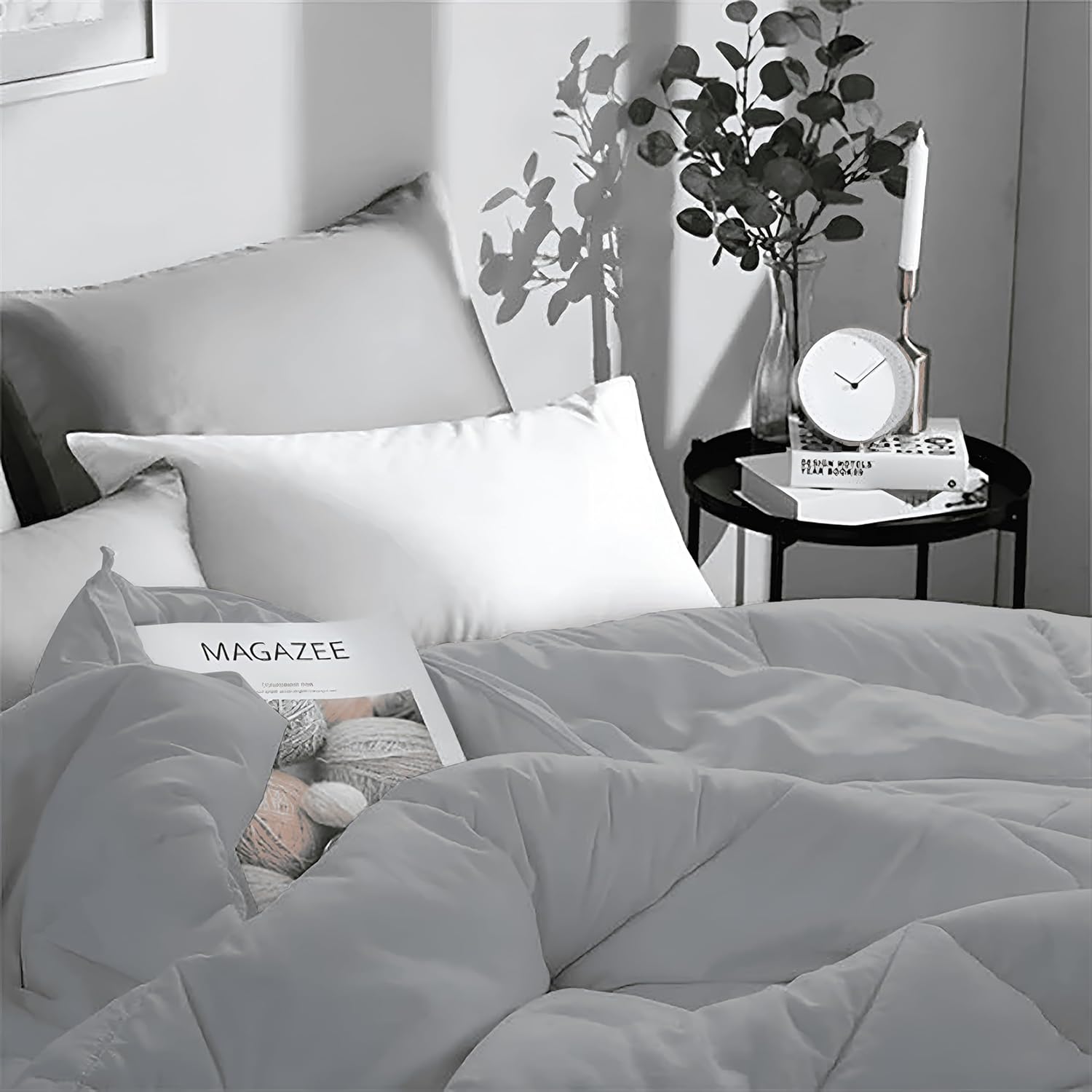 Queen Reversible Down Alternative Comforter – All-Season Soft Microfiber Duvet Insert with Box Design Stitch, Corner Tabs – Lightweight, Fluffy, Machine Washable –Light Grey/Black