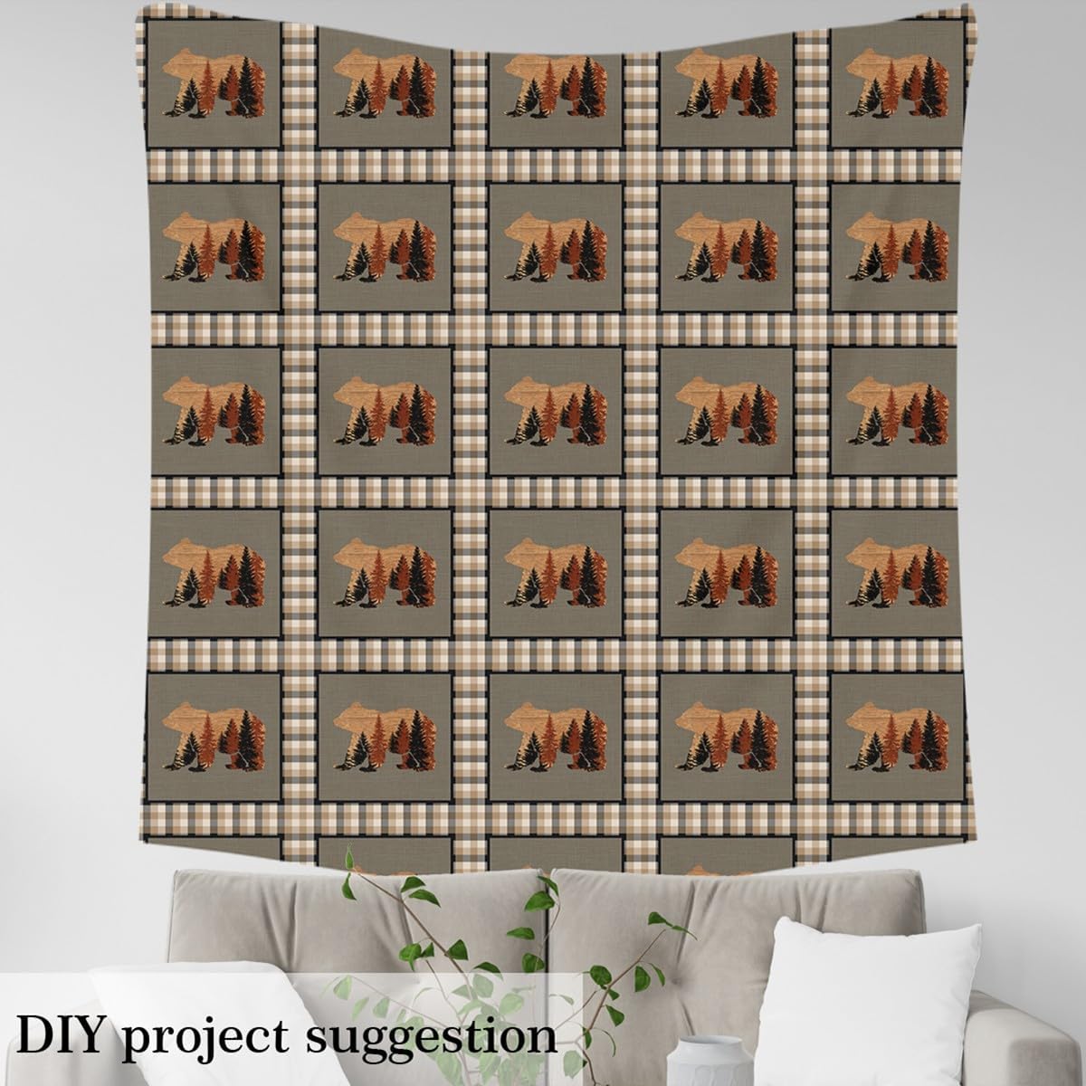 Cute Bear Wild Animal Pattern Decorative Waterproof Outdoor Fabric - Nature Wildlife Upholstery for Chairs, Western Farmhouse - Orange Grey - 5 Yards