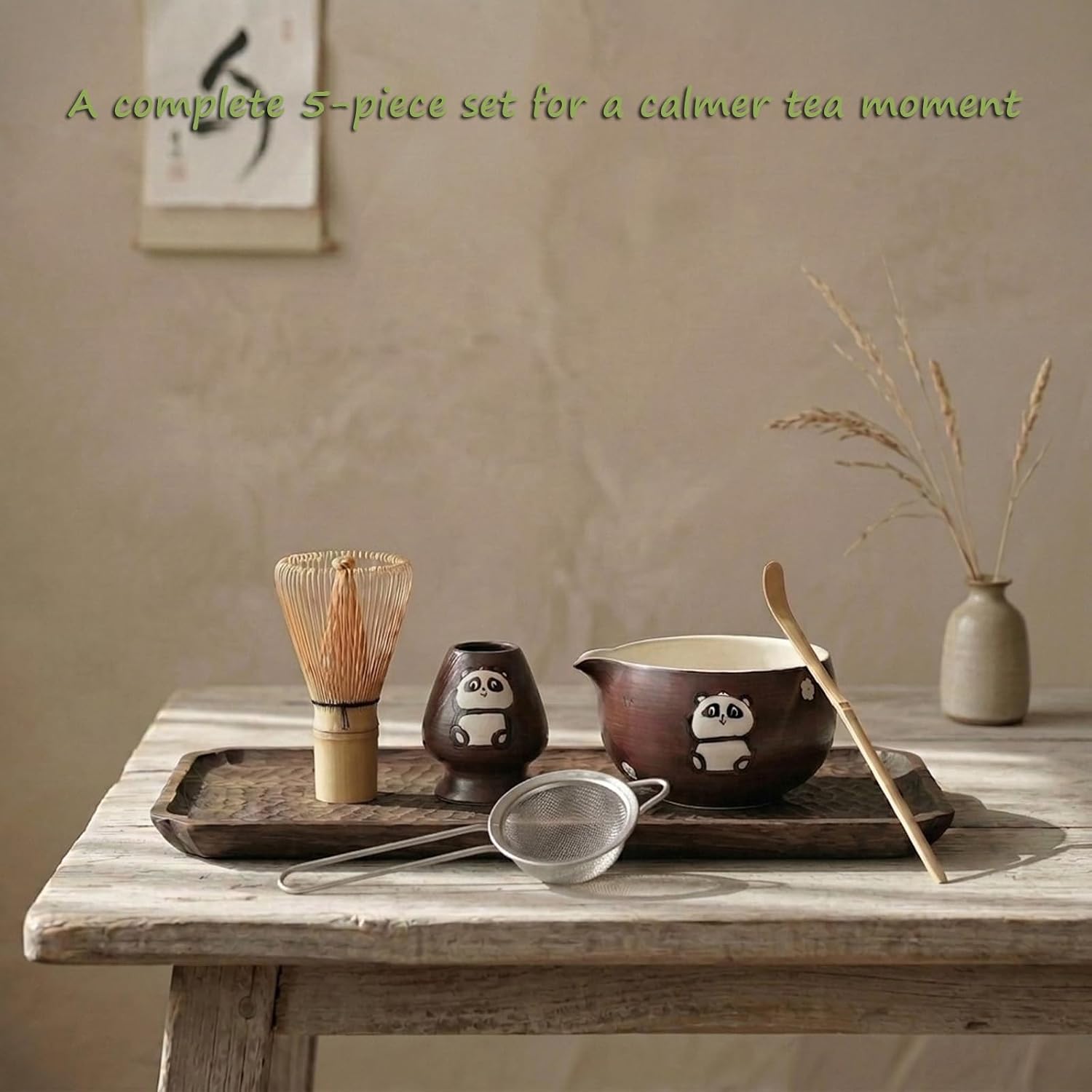 5-Piece Matcha Whisk Set, Panda Ceramic Matcha Bowl, Bamboo Whisk Holder, Matcha Sifter, Scoop and Whisk, Cute Japanese Tea Ceremony Kit for Daily Rituals