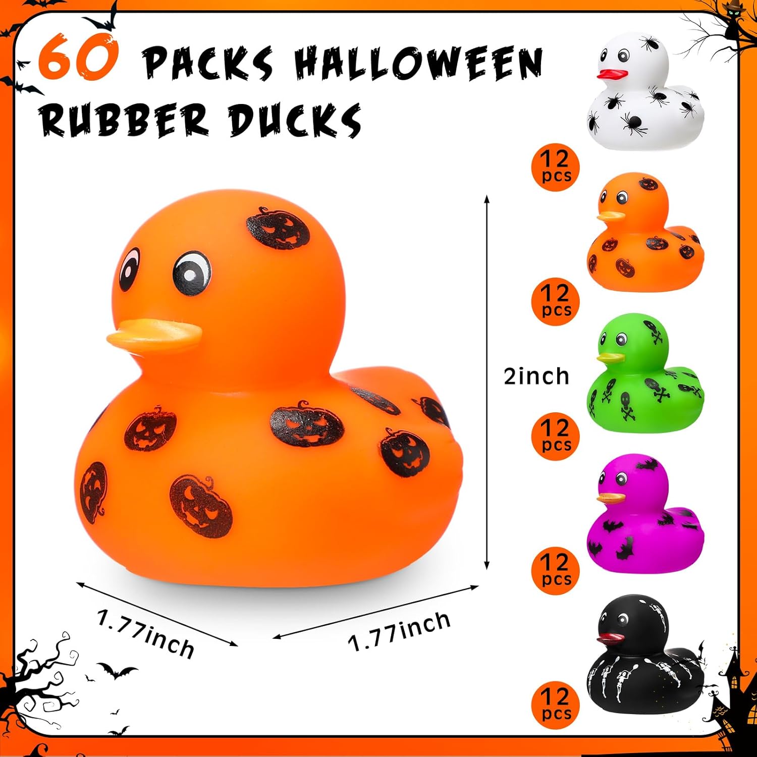 Wettarn 60 Pcs Halloween Rubber Ducks 2 Inch Mini Rubber Duckies Halloween Bath Toys Ghosts Pumpkins Skeletons Bats Spiders Bathtub Toys for Trick or Treat Goodie Bag Fillers Party