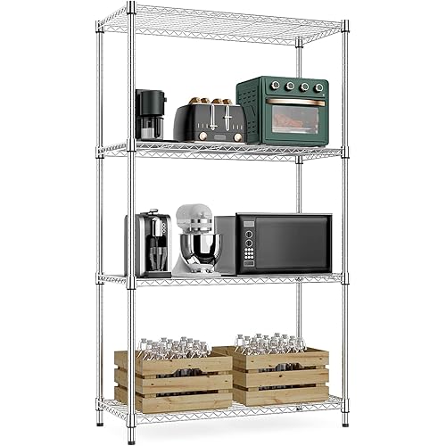 MZG 4 Tier Storage Rack Metal Wire Shelving Unit, Storage Standing Household Shelf Organizer for Laundry Bathroom Kitchen Pantry Closet Garage Basement Utility Room, Chrome 15.8" D x 33.5" W x 59.4" H
