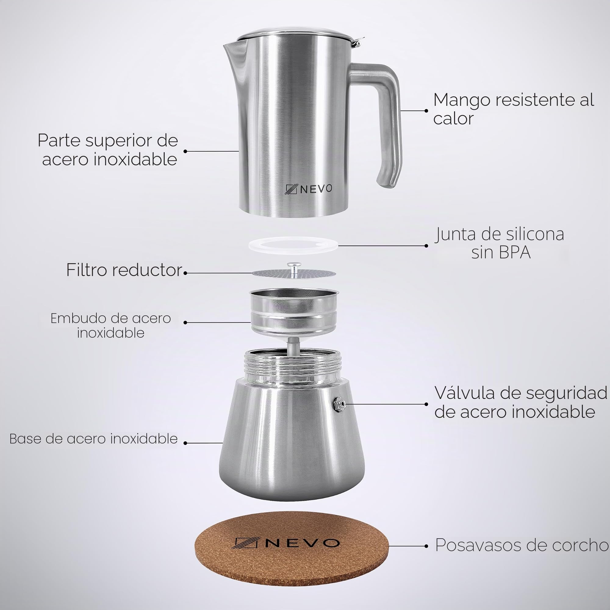 NEVO Cafetera de inducción de acero inoxidable, 6 tazas, libre de BPA y sostenible, para todo tipo de fuegos y camping, apta para lavavajillas, juego premium de cafetera moka – elegante para los