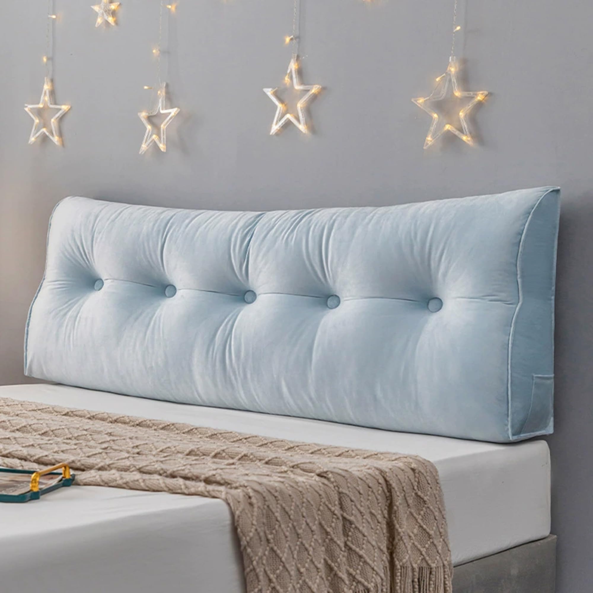 DUOLEH Wedge Pillow with Removable Cover & Pocket, Bolster Support Reading Pillow, Triangular Backrest Cushion, Soft Headboard Backrest Lumbar Cushion for Bed, Tatami (120x50x20cm,Light blue)