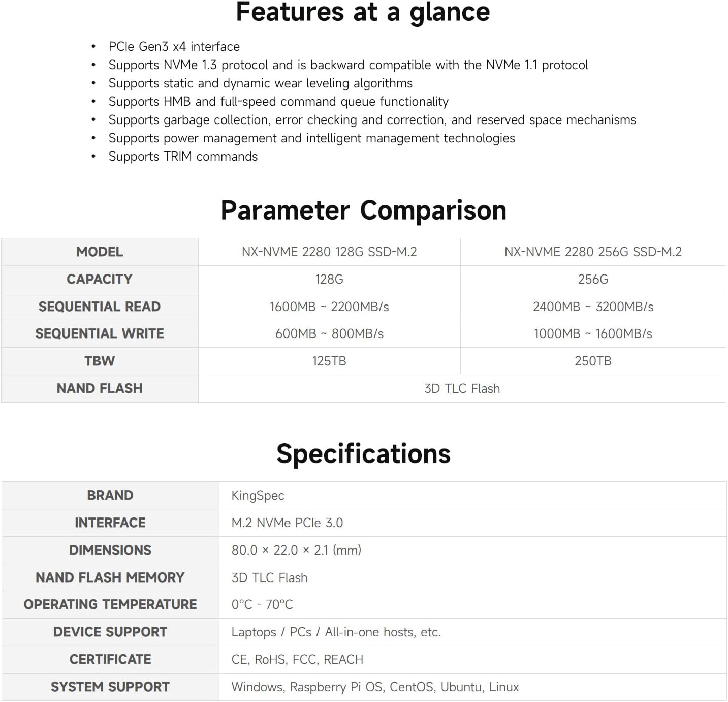 Waveshare NX M2 NVME 2280 256GB High-Speed Solid State Drive, 3D TLC Flash Memory, High-Speed Reading/Writing, NVMe Protocol M.2 Interface, 256GB Version