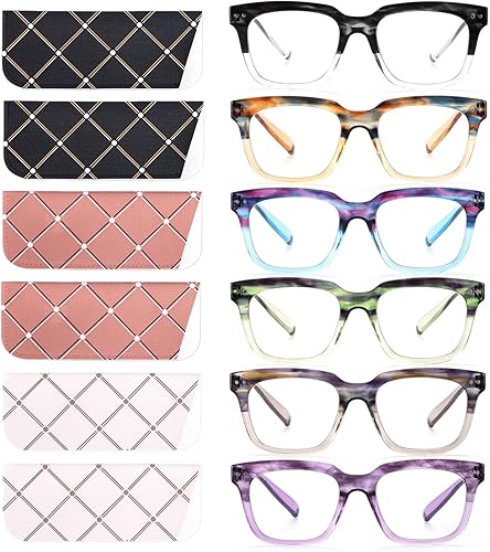 Miniatura 1 de CHOFILORD Paquete de 6 lentes de lectura de moda para mujeres y hombres, bloqueo de luz azul, lectores cuadrados de gran tamaño con bisagra de
