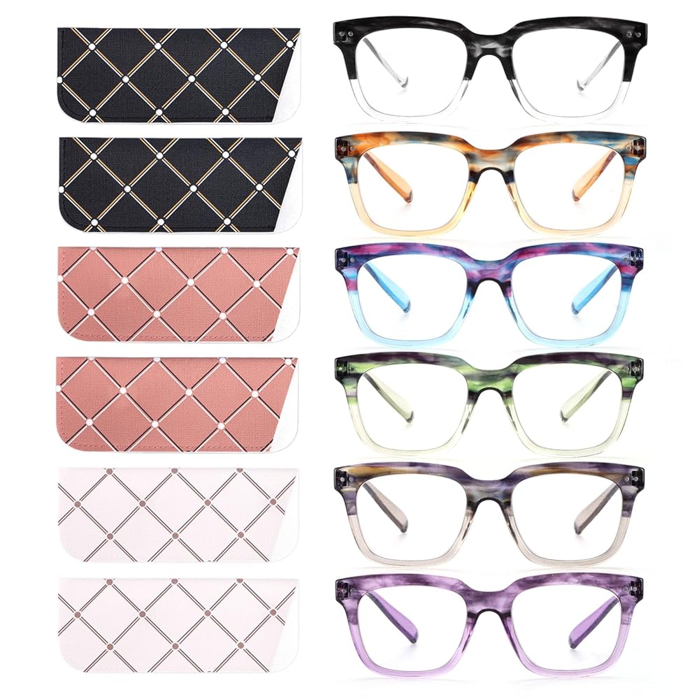 CHOFILORD 6 Pack Fashion Reading Glasses for Women Men Blue Light Blocking Oversized Square Readers with Spring Hinge (6 Pack Colorful, 1.25)