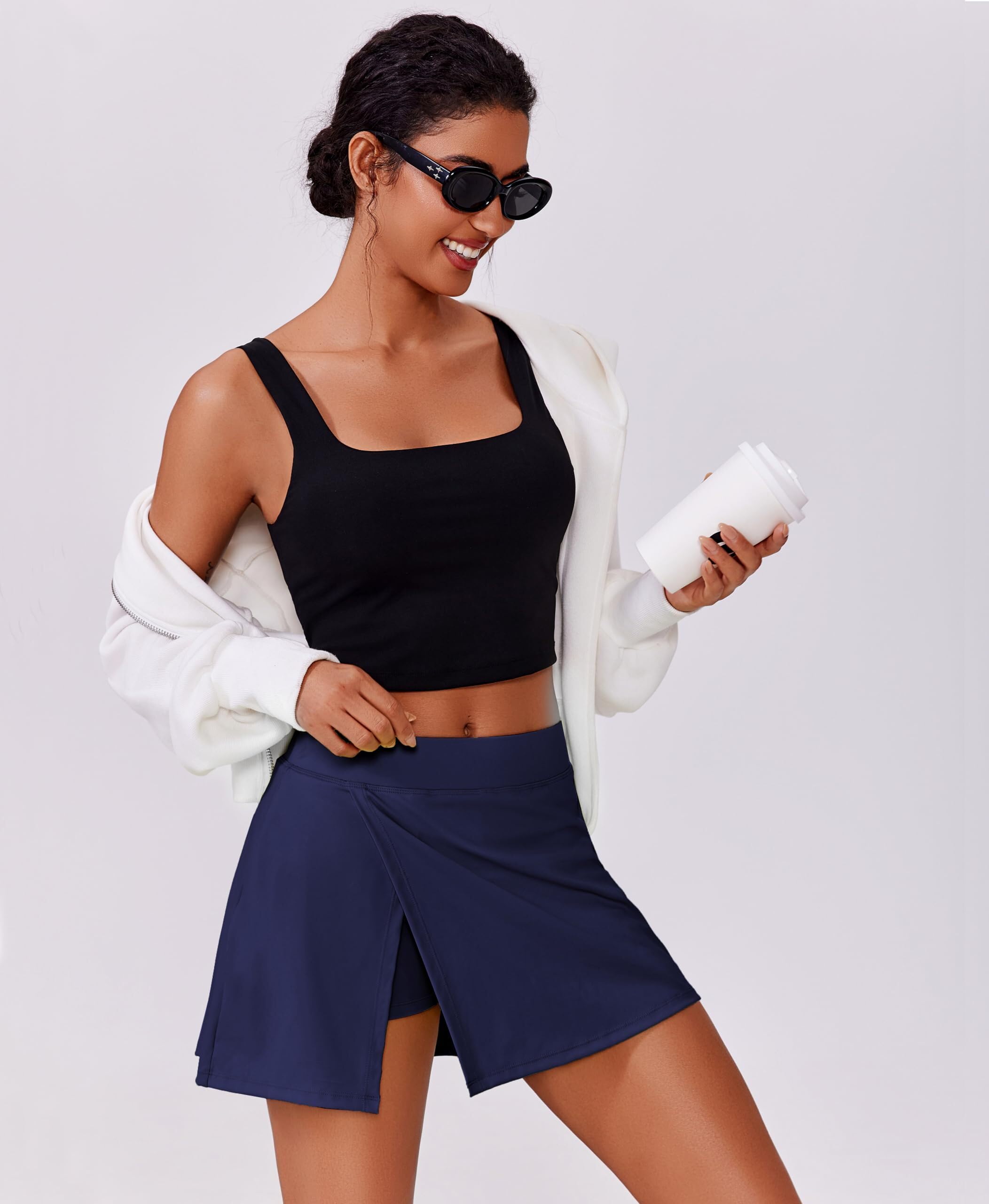PINSPARK Jupe De Tennis pour Femme avec Pantalon Sport Golf Jupe-Short Taille Haute avec 2 Poches Et Fente LatéRale D'éTé Mini Jupes Course RandonnéE Course à Pied