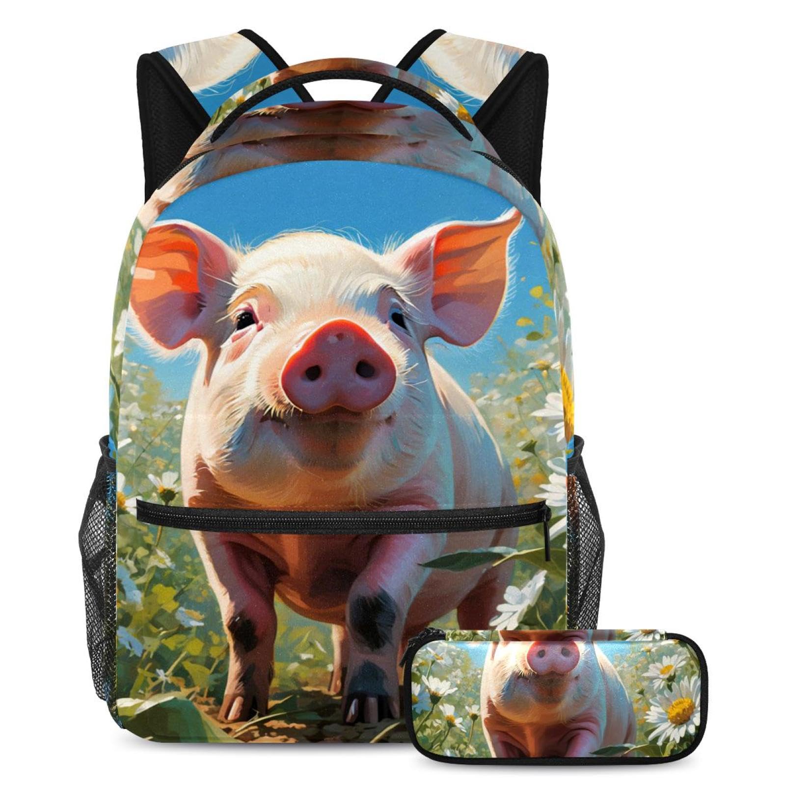 Sac à dos de jour cochon et fleur avec cartable scolaire et trousse à crayons enfant