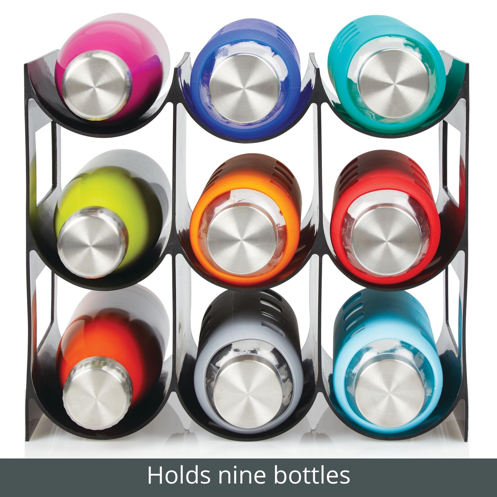 mDesign Práctico estante para botellas de vino – Botelleros para vino y otras bebidas para guardar hasta 9 unidades – Vinoteca de plástico de pie – negro