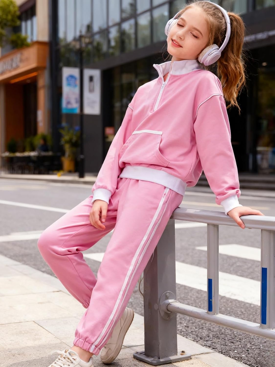 Girls 2 Piece Outfits Tracksuit Long Sleeve Half Zip Sweatshirt and Sweatpants Set with Pockets - Image 4