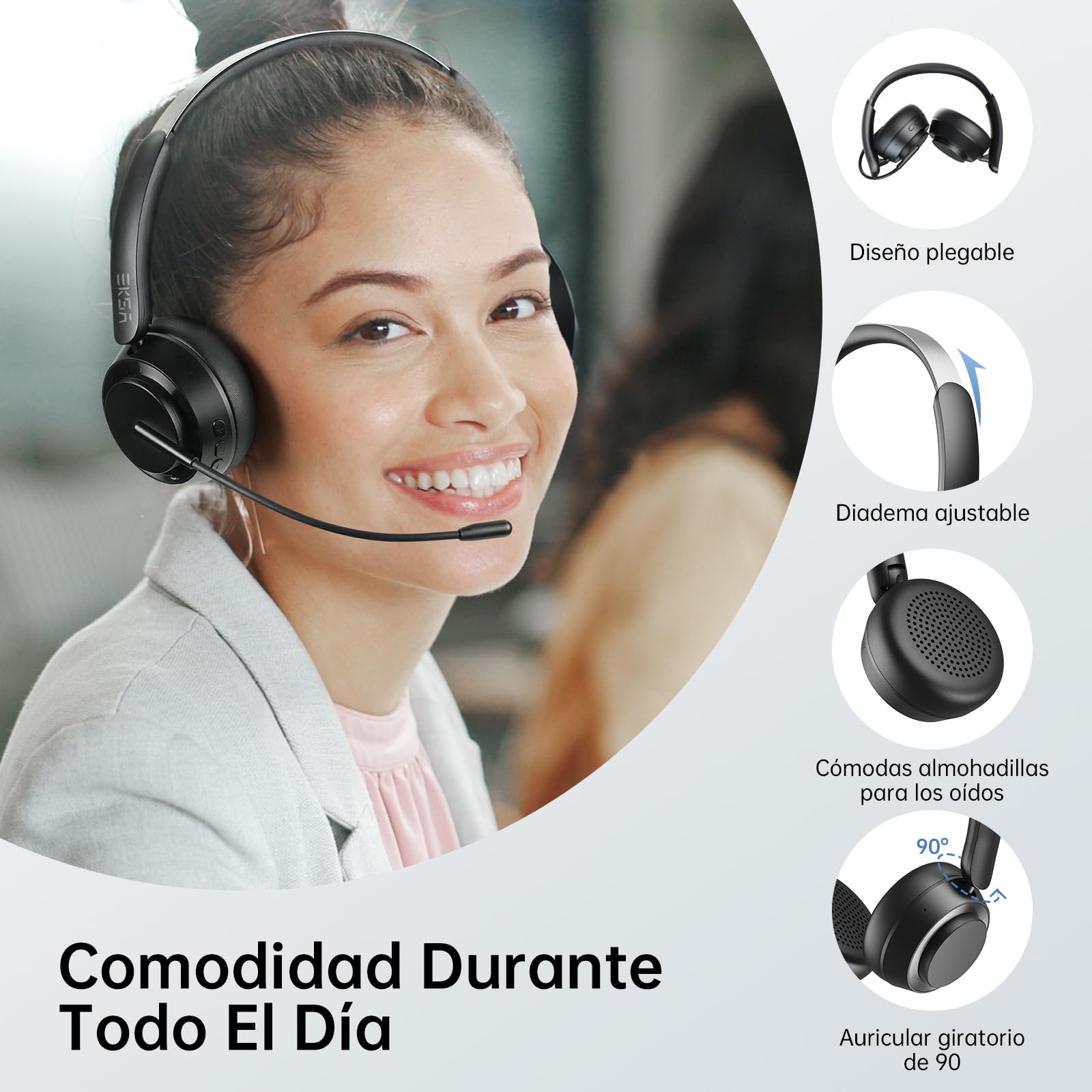 EKSA H35 Auriculares Bluetooth, Cascos Inalámbricos con Micrófono, [25H Batería y 169 g ], Auriculares con Cancelación de Ruido ENC AI, Wireless Headset PC, para Teletrabajo/Cell Center/Oficina