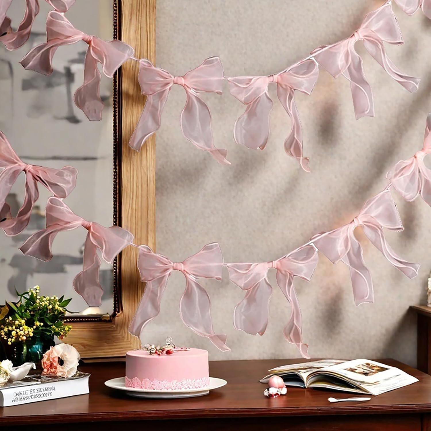 12 Pcs Pink Bow Decorations Garland, Coquette Birthday Decorations, Bowknot Hanging Banner for Bridal Baby Shower Party Coquette Bachelorette Party Supplies (Pink Bow) image 2